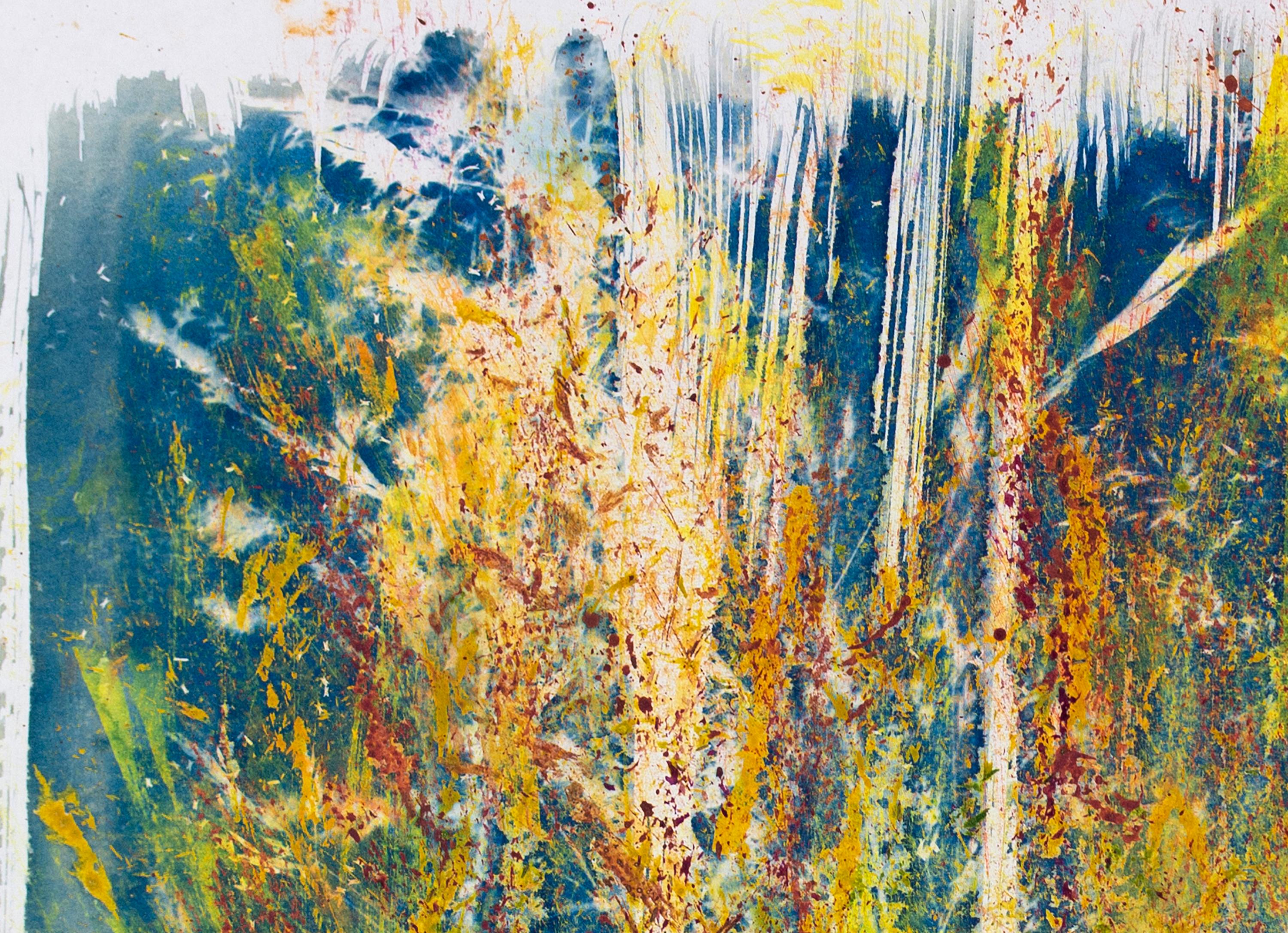 ''Belle négligence''. Paysage abstrait contemporain,  Bleu, jaune et rouge, nature - Beige Abstract Painting par Sophia Milligan