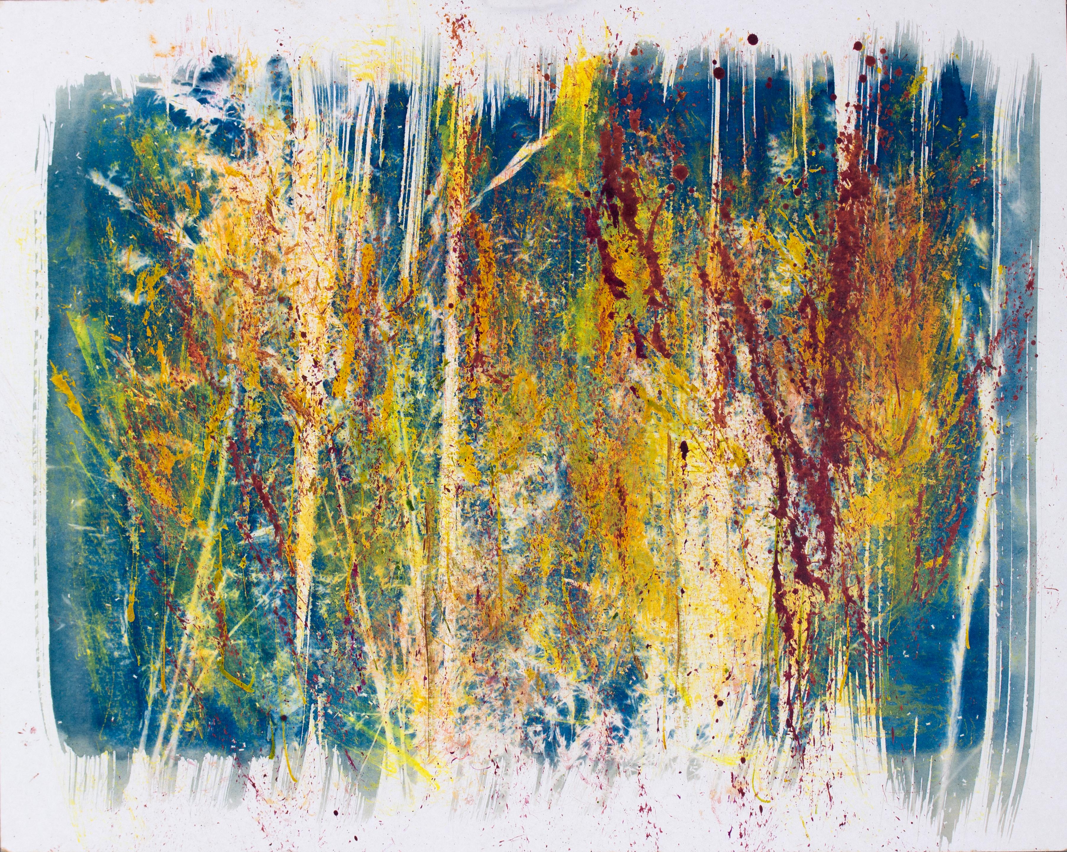 Abstract Painting Sophia Milligan - ''Belle négligence''. Paysage abstrait contemporain,  Bleu, jaune et rouge, nature