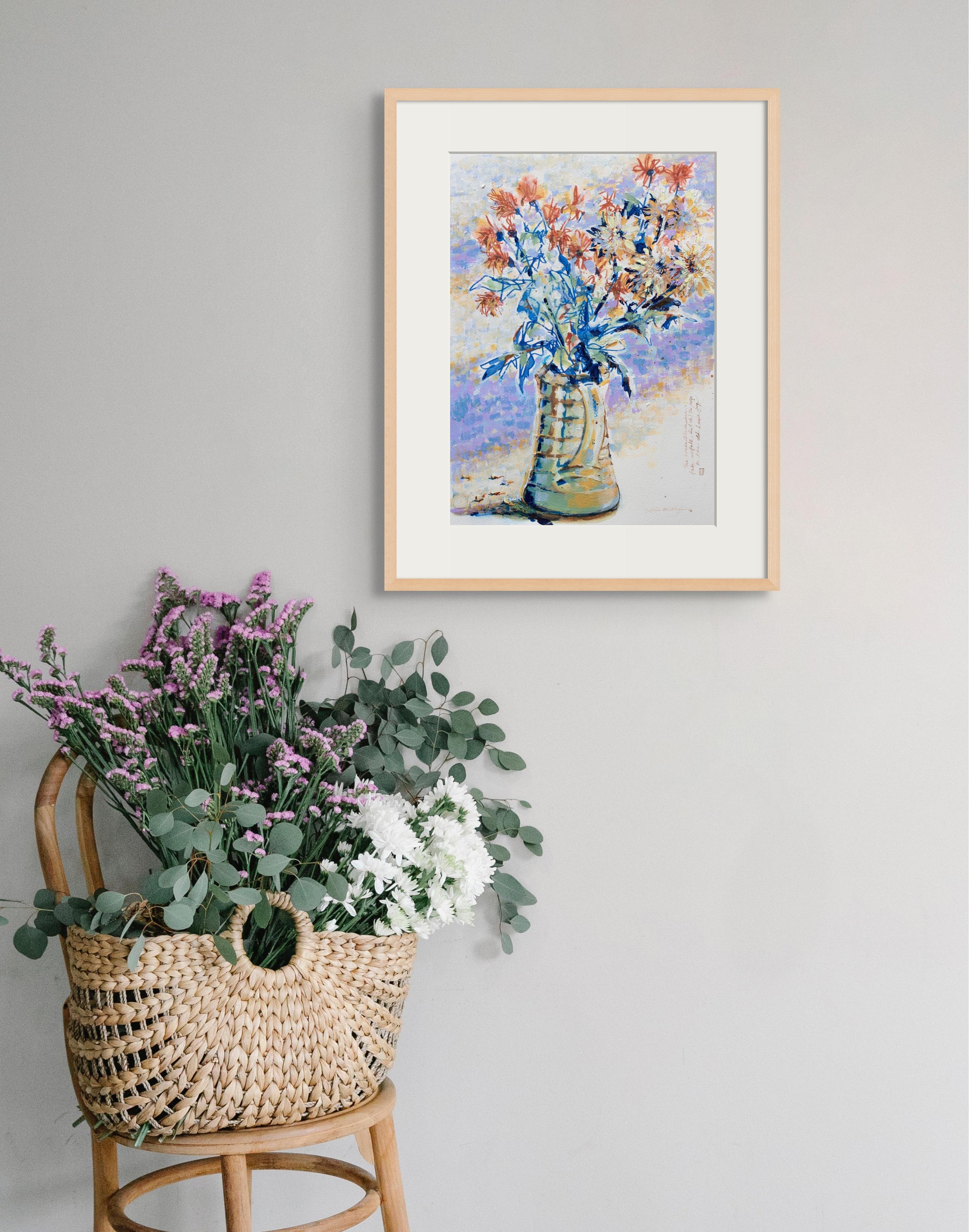 'Chrysanthemum jug' Contemporary impressionist still-life flower painting  - Painting by Sophia Milligan