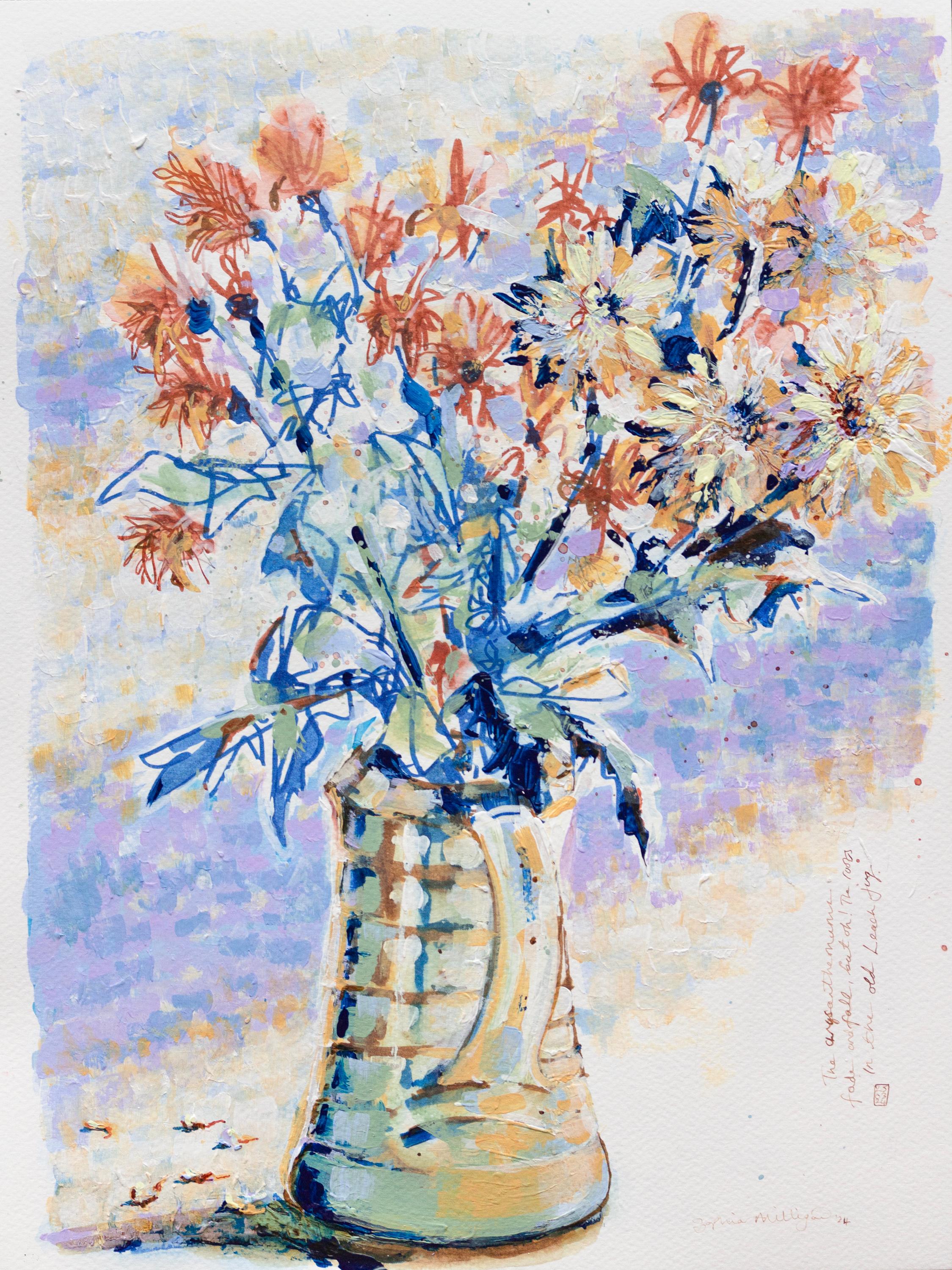 Sophia Milligan Still-Life Painting – Chrysanthemenkrug" Zeitgenössische impressionistische Blumenstilllebenmalerei 