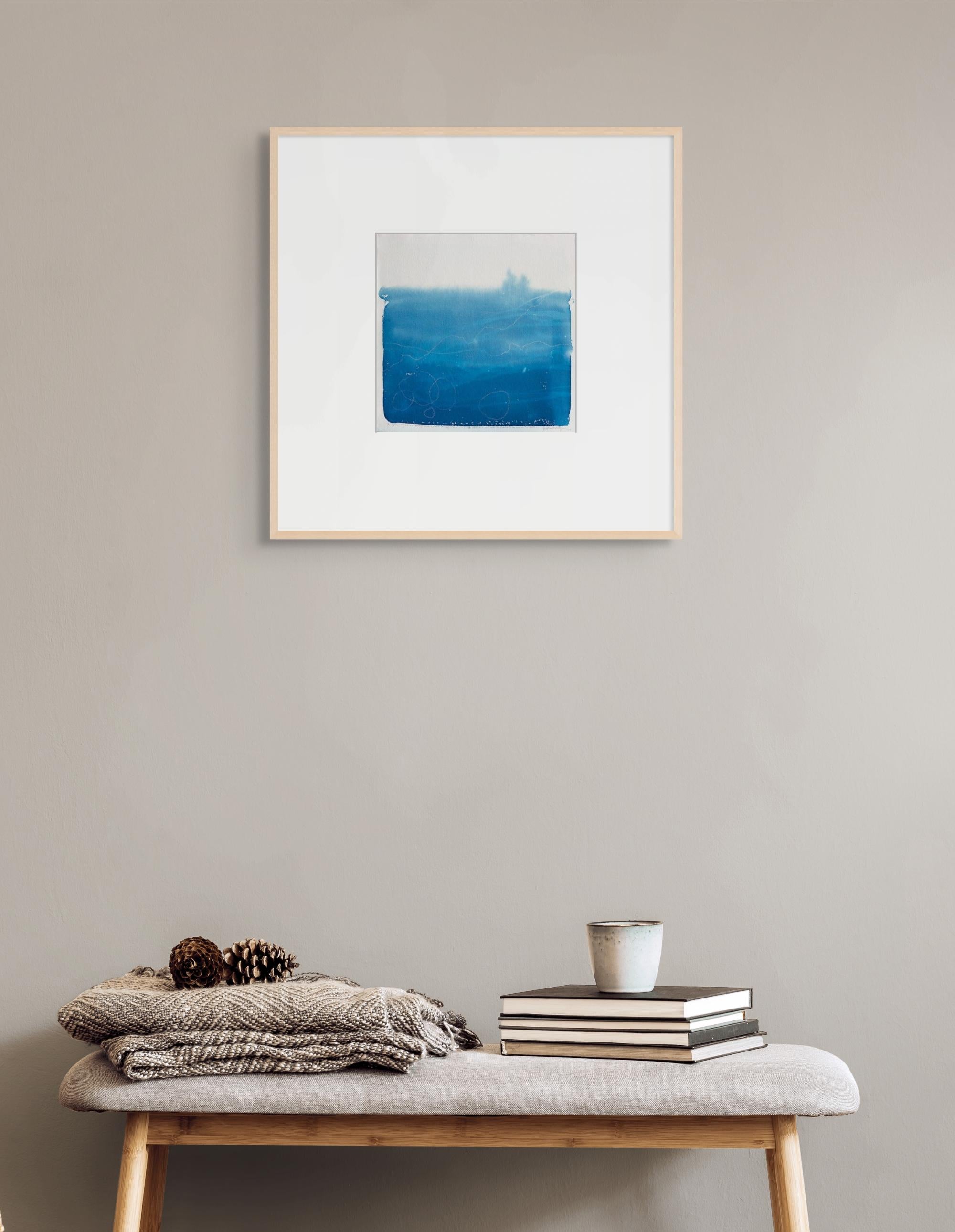 'Ciprés, Niebla'. Azul blanco orilla océano playa árboles minimalista naturaleza dibujo en venta 7