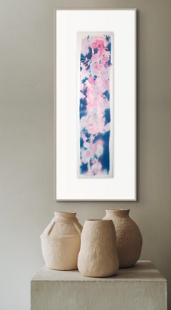 'Dawn on silk'. Abstract naturalistic pink cherry blossom blue sky sakura season