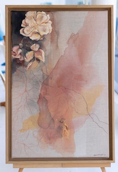 'Daybreak and Dusk'. Roses on raw linen, oak frame. Contemporary floral nature