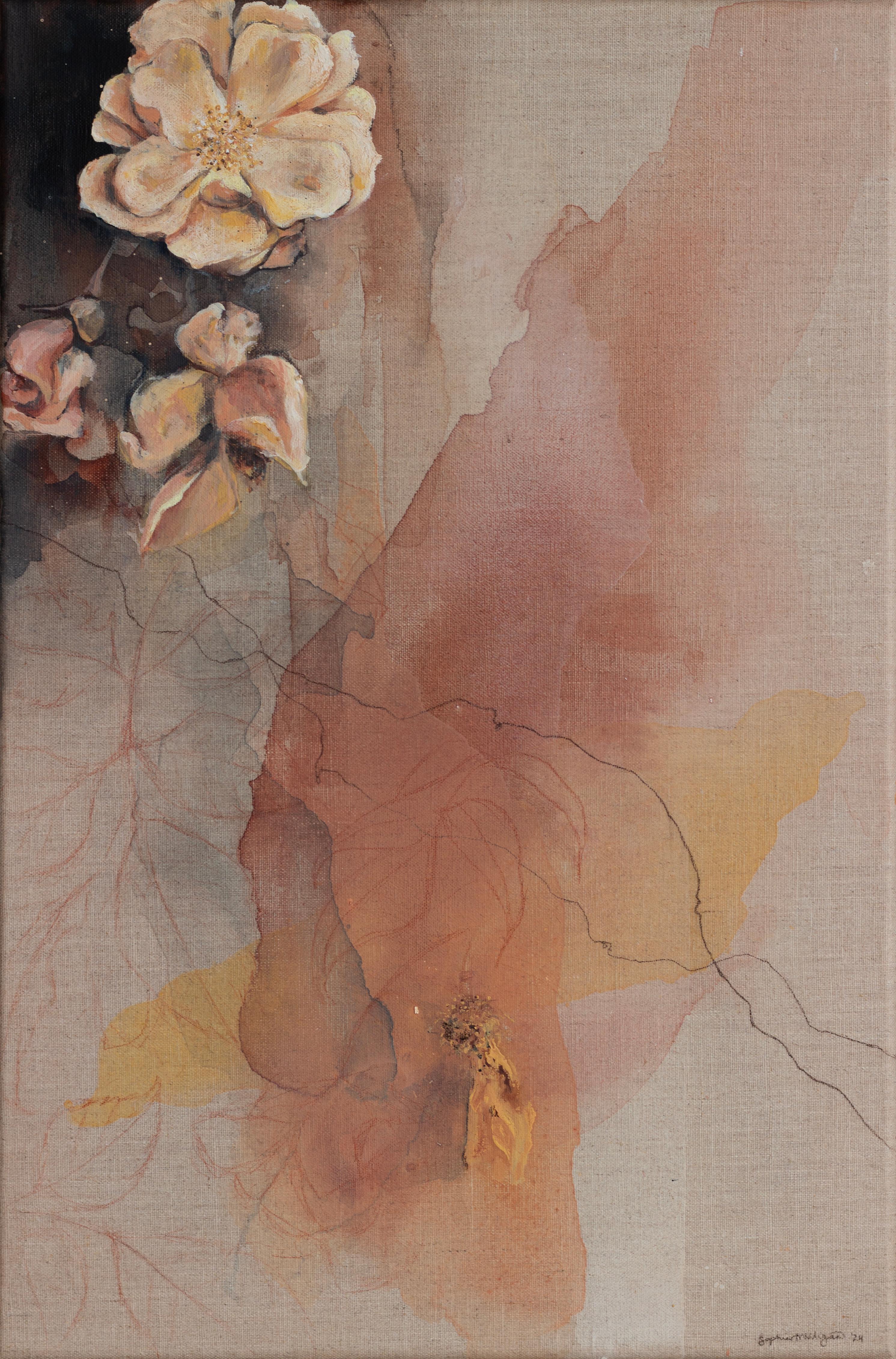 Still-Life Painting Sophia Milligan - L'aube et le crépuscule". Roses sur lin brut, cadre en chêne. Nature florale contemporaine