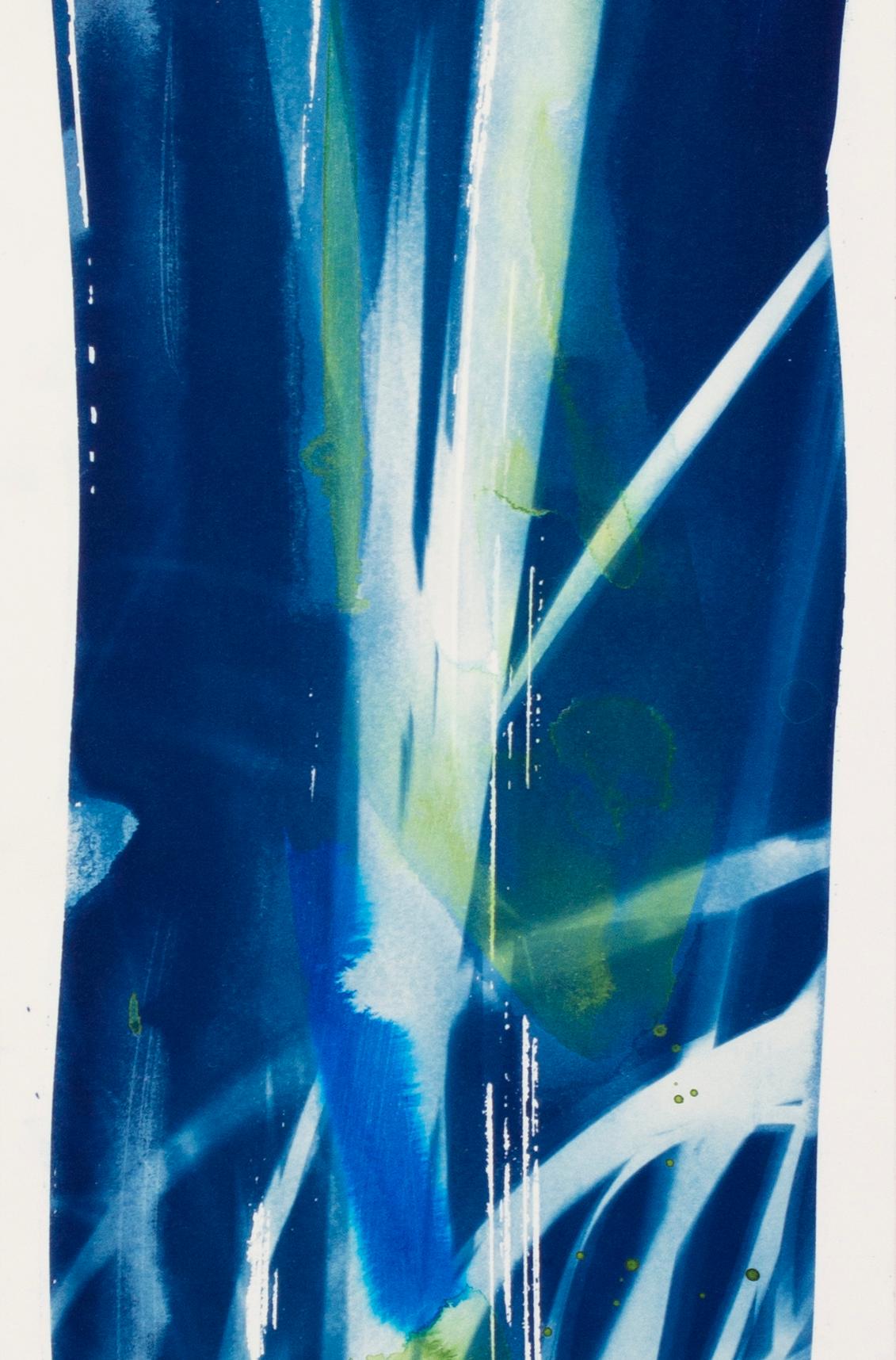 ''Except The Shadows' is a mixed media painting on board, with deep blue tones of cyanotype solution used as a painting medium, together with vibrant, richly layered colours of acrylic ink. This original, abstract impressionist painting is from a