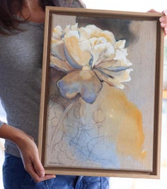 'Georgia'. Roses, linen, oak frame. Contemporary abstract bold floral nature