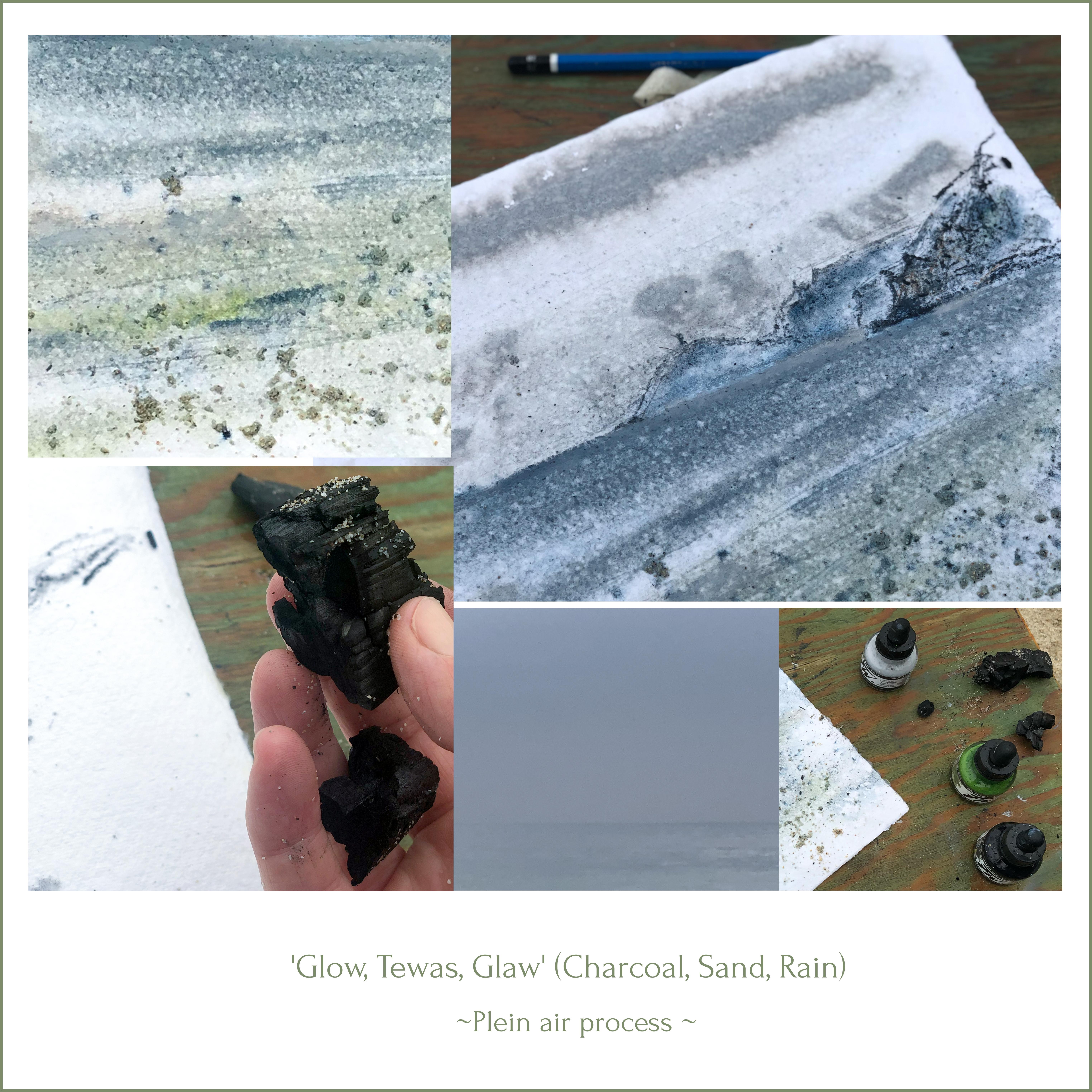 'Glow, Tewas, Glaw' (Charcoal Sand Rain) Sea ocean beach blue grey green nature - Contemporary Art by Sophia Milligan