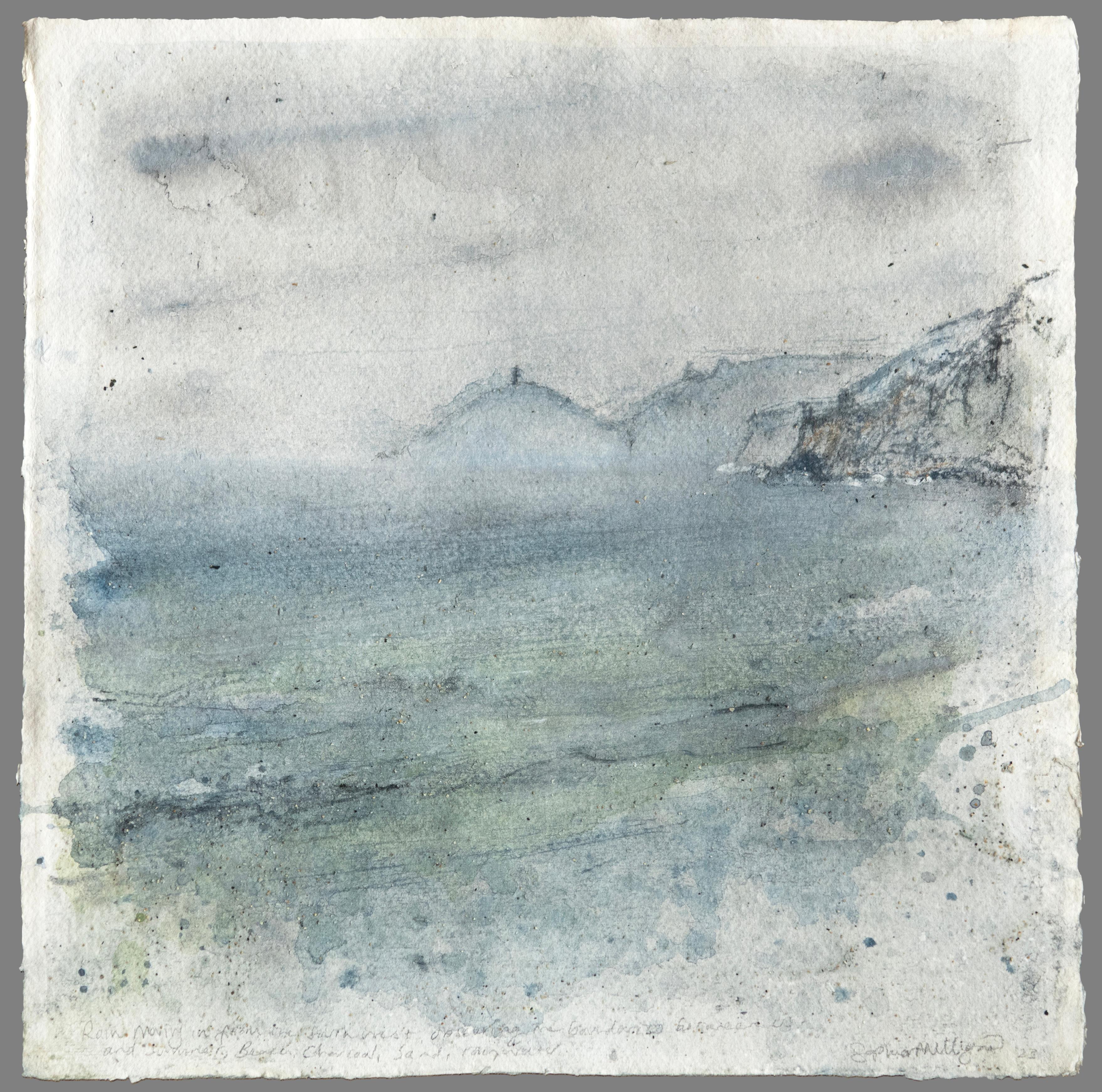 Landscape Art Sophia Milligan - « Grow, Tewas, Glaw » (Récoupe de sable anthracite) Bleu océan, gris vert nature