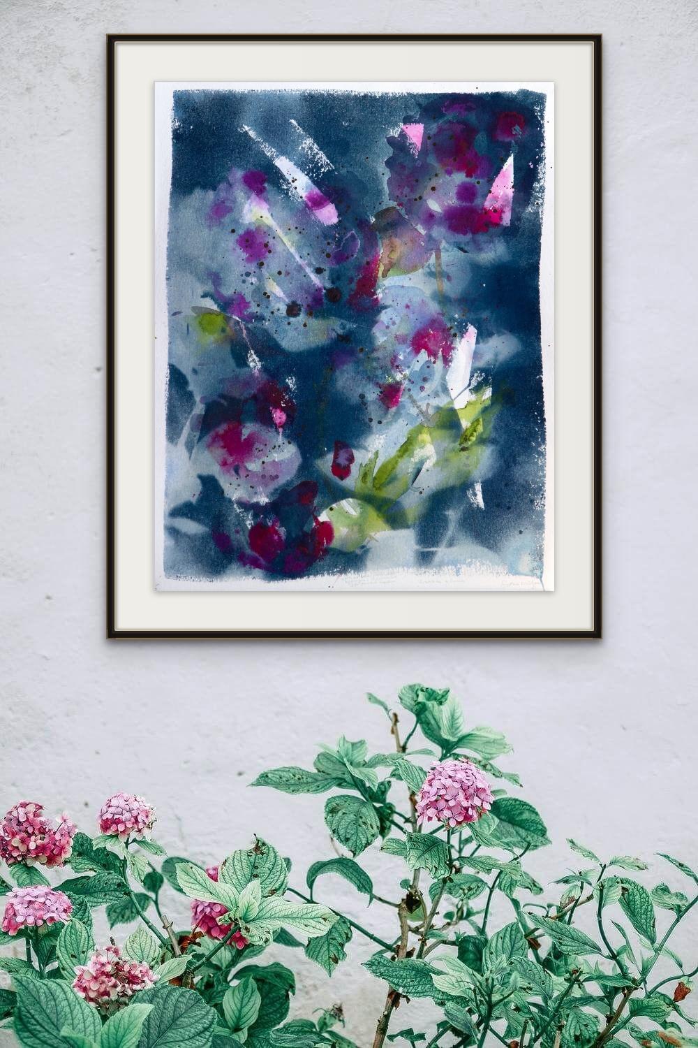 „Gnade und Dankbarkeit“. Botanical Blue Contemporary Abstract Floral Painting im Angebot 5
