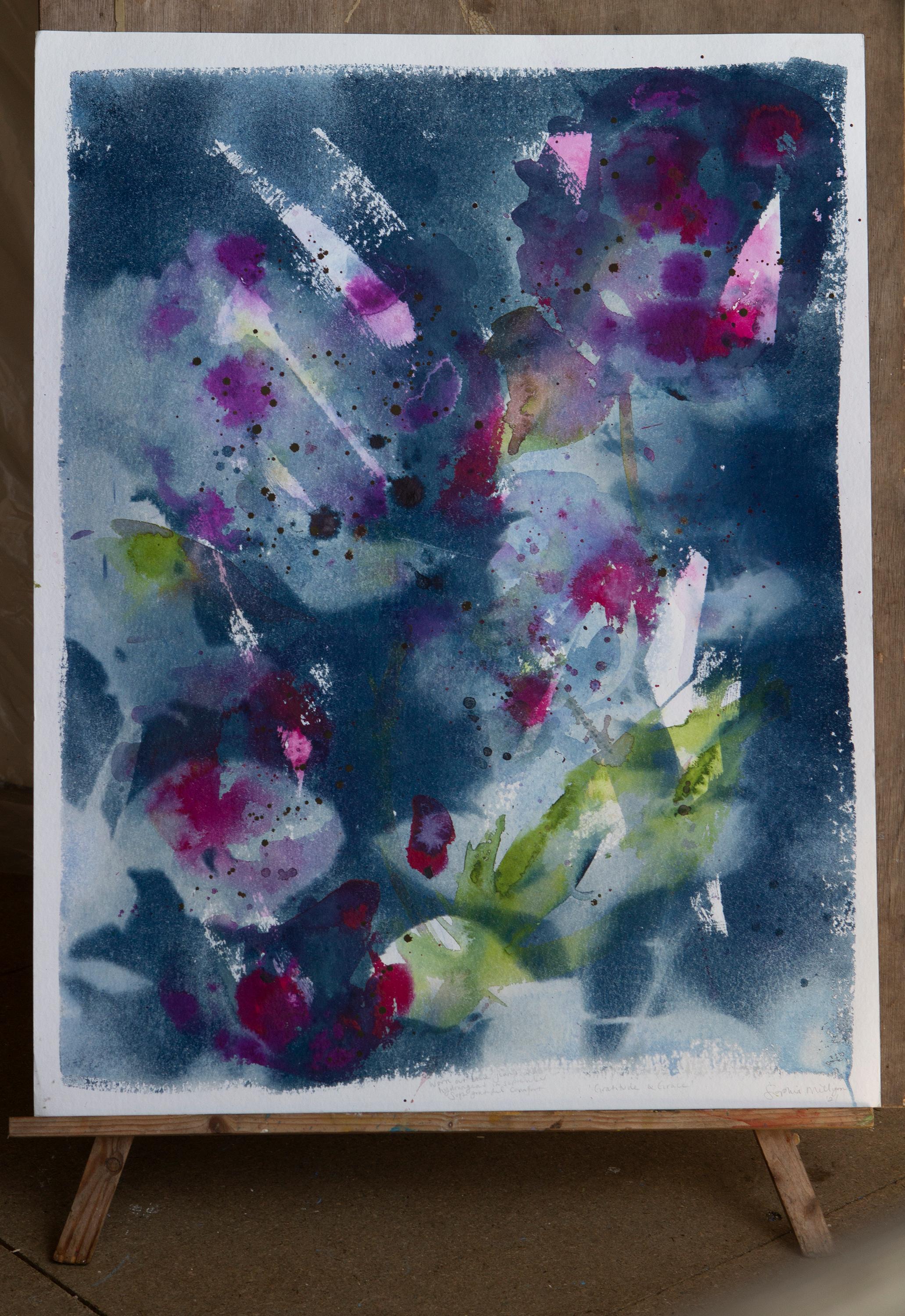 „Gnade und Dankbarkeit“. Botanical Blue Contemporary Abstract Floral Painting im Angebot 4