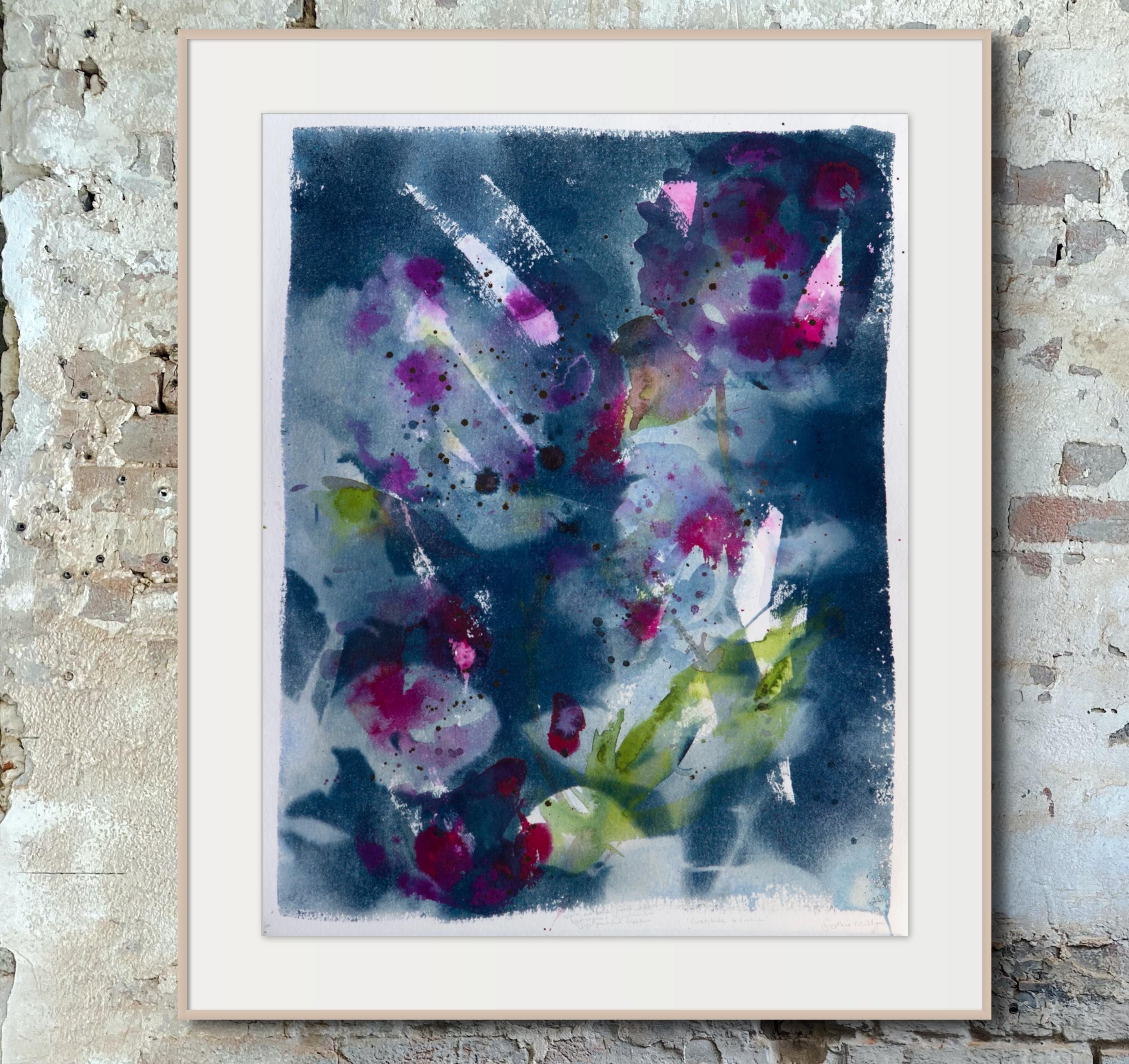 'Gratitude and Grace'. Botanical Blue Contemporary Abstract Floral Painting For Sale 2