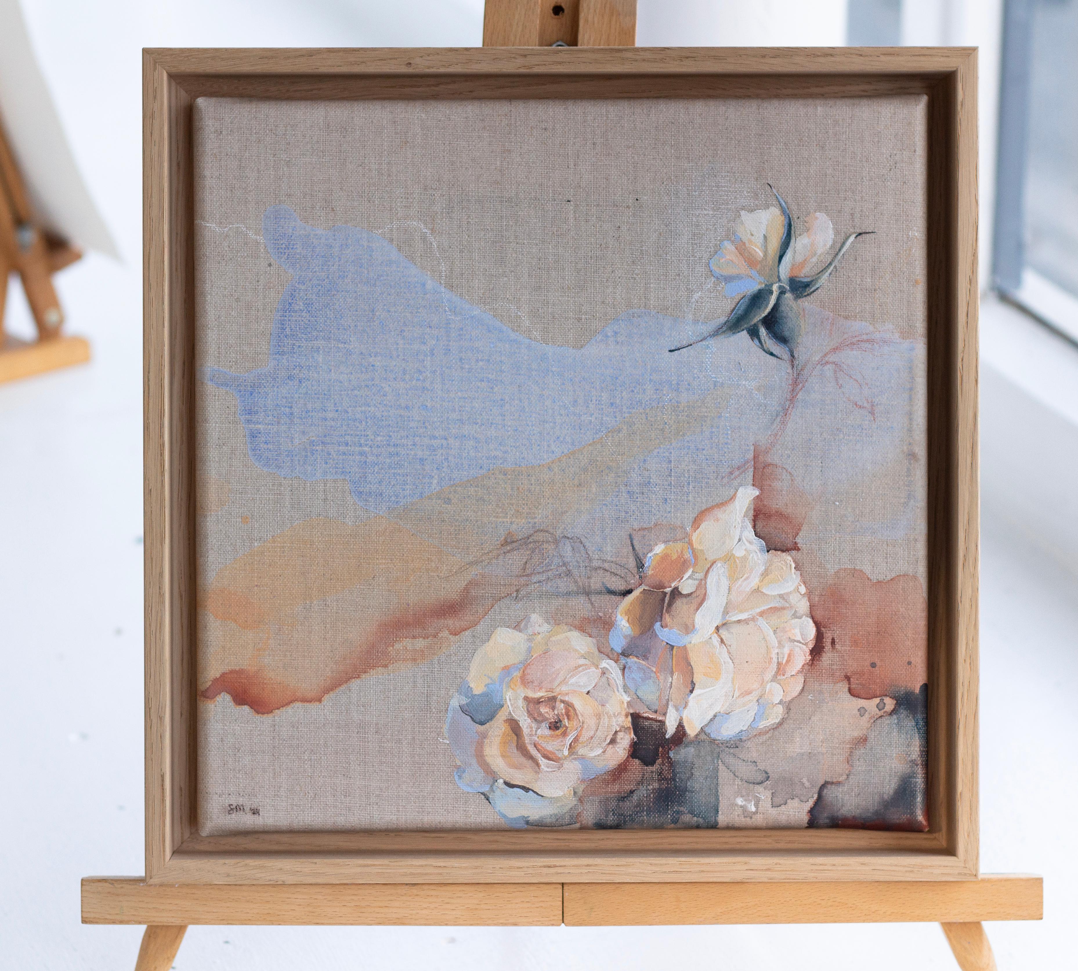 „Just for One Day“. Rosen auf Rohleinen, Rahmen aus Eiche. Contemporary floral nature – Painting von Sophia Milligan