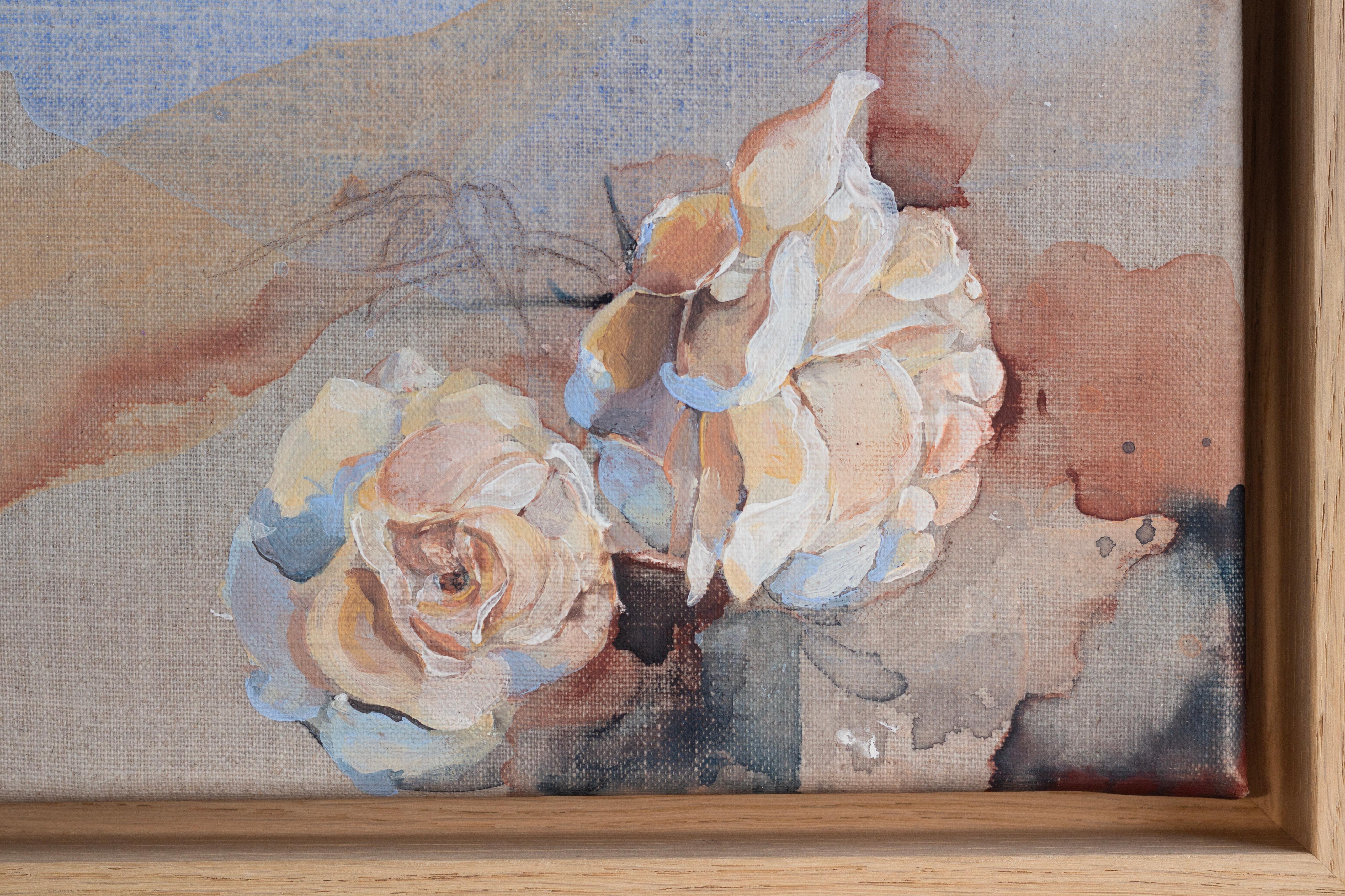 „Just for One Day“. Rosen auf Rohleinen, Rahmen aus Eiche. Contemporary floral nature (Zeitgenössisch), Painting, von Sophia Milligan