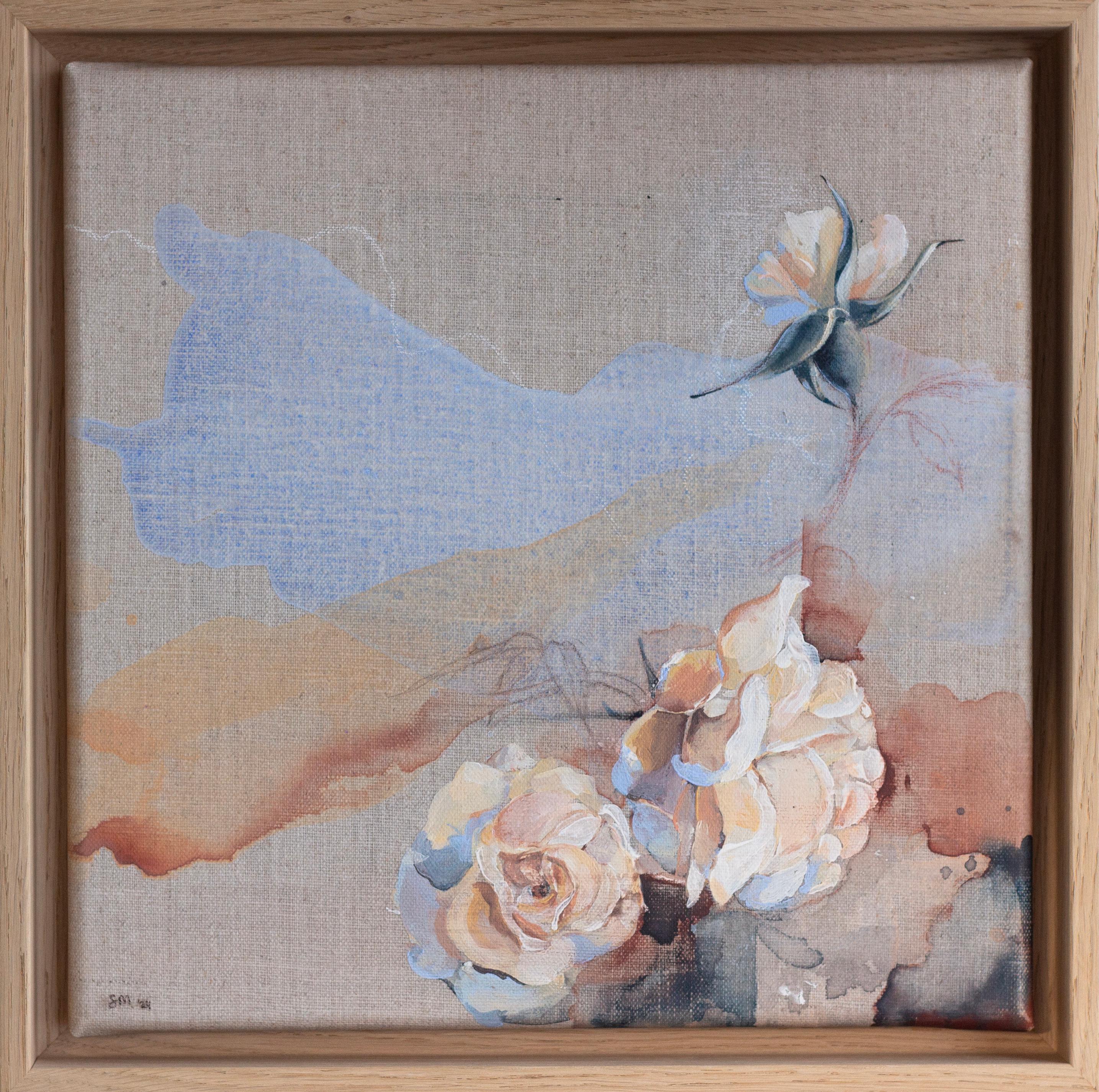 „Just for One Day“. Rosen auf Rohleinen, Rahmen aus Eiche. Contemporary floral nature im Angebot 1