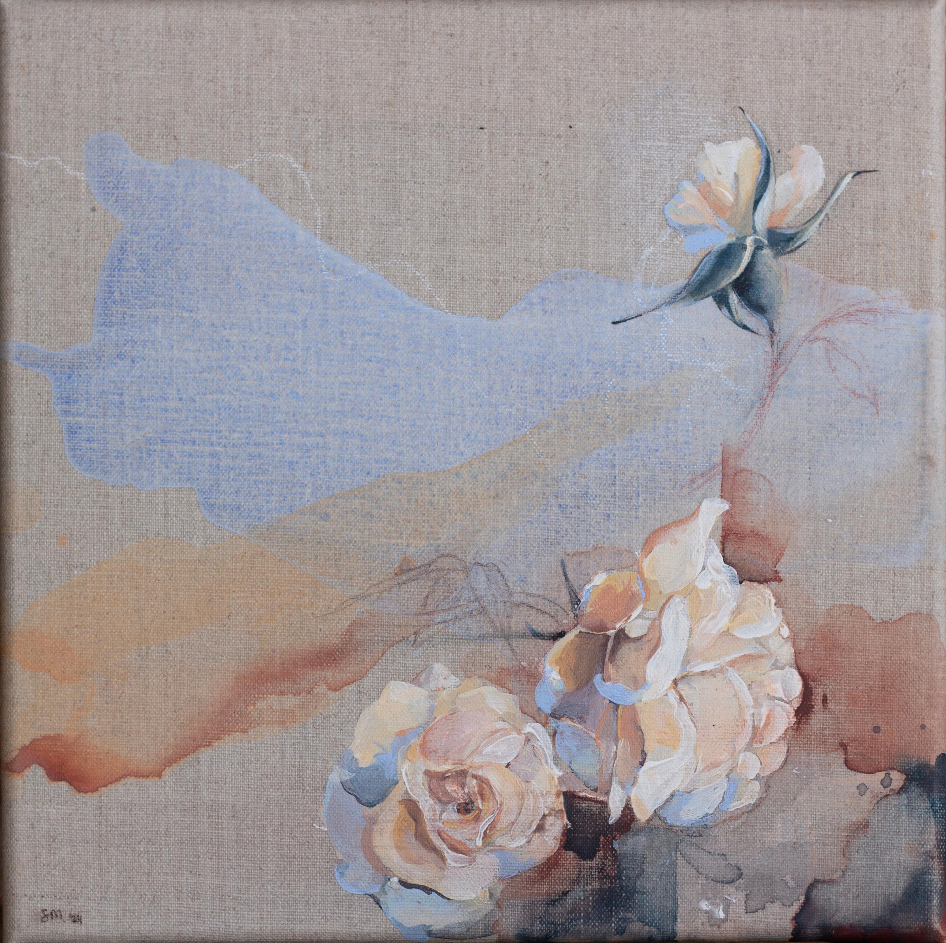 'Just for One Day'. Roses on raw linen, oak frame. Contemporary floral nature