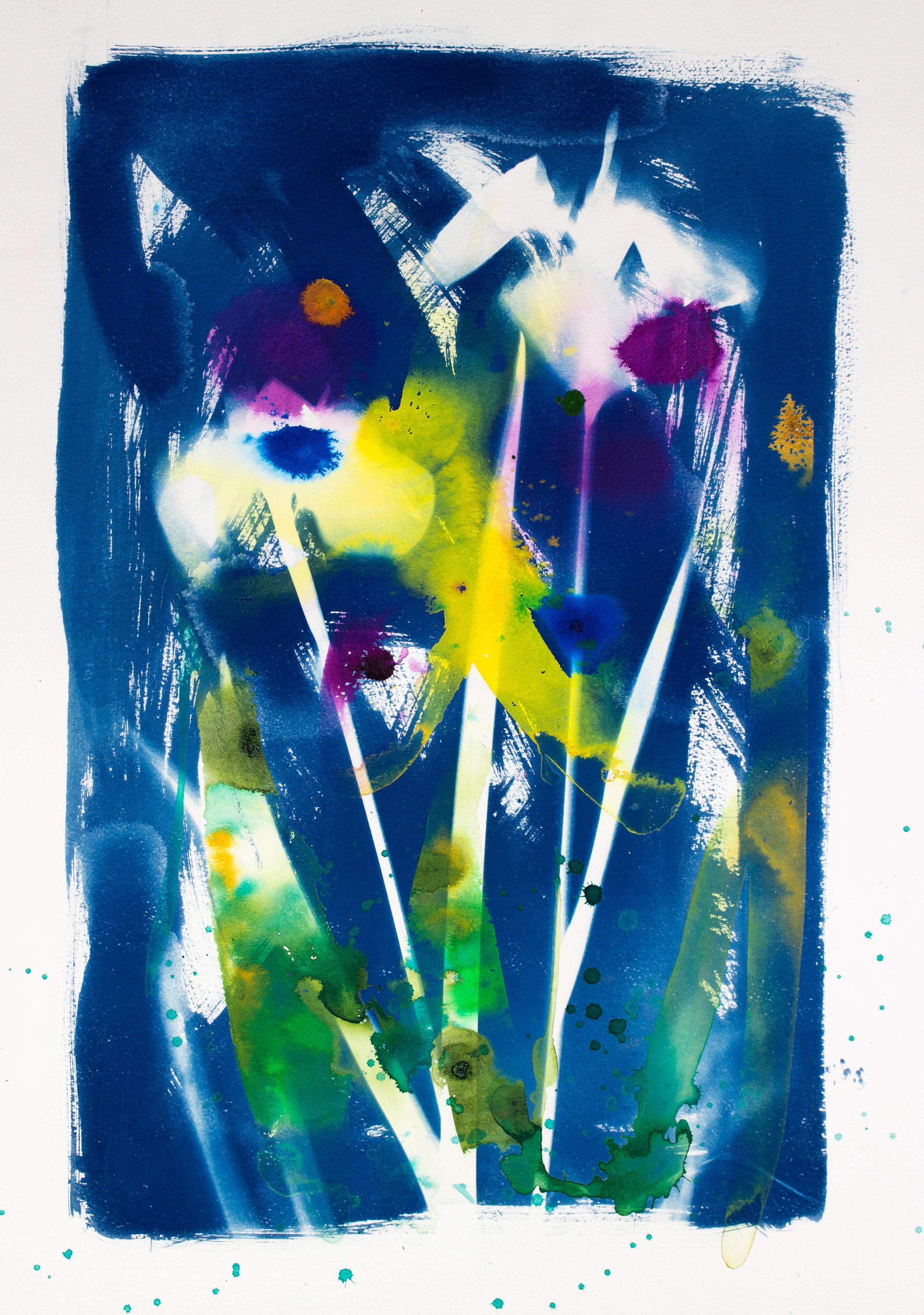 'Louisiana Irises.' blue white yellow green tropical nature flower abstract