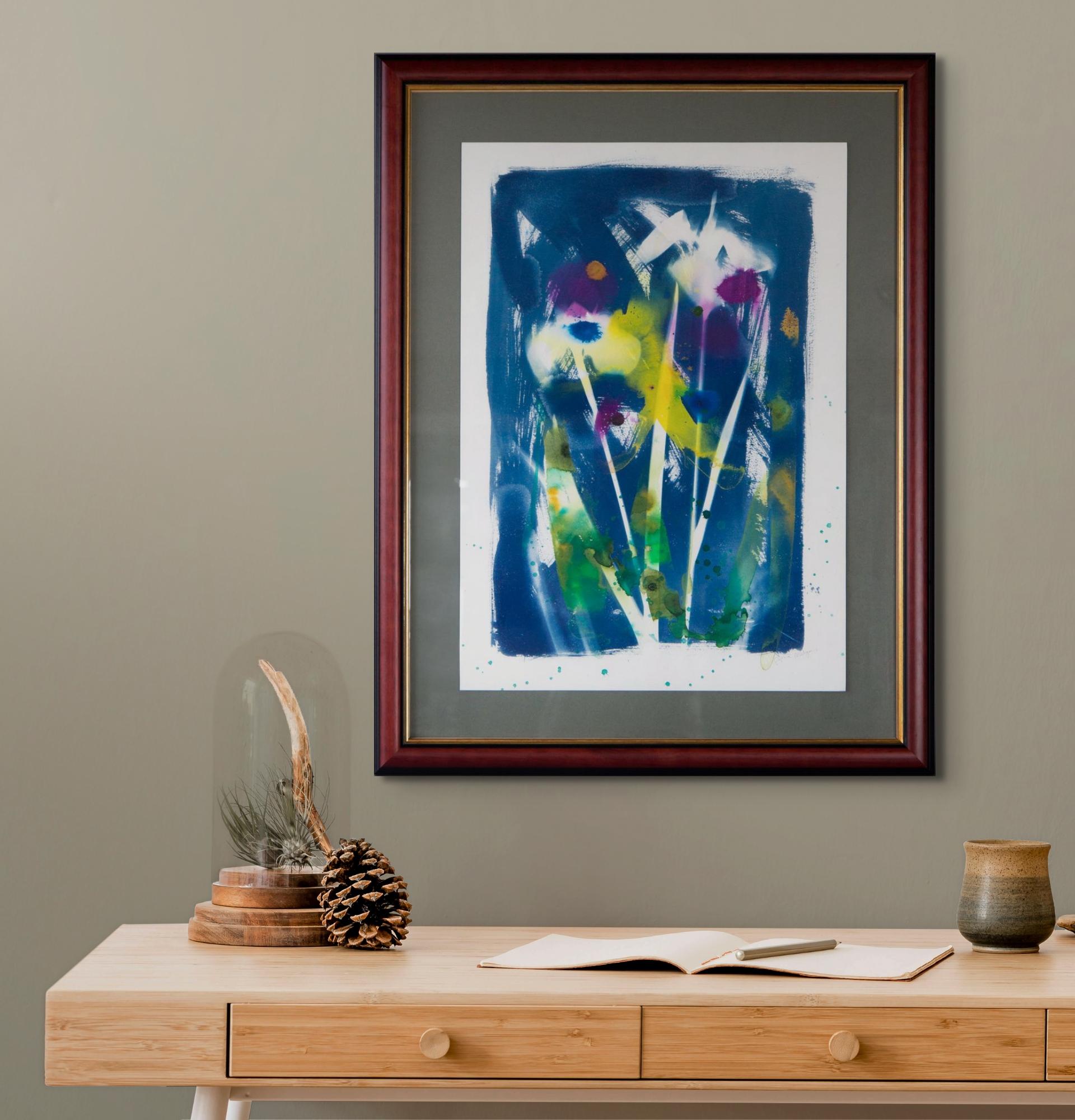 'Louisiana Irises.' blue white yellow green tropical nature flower abstract - Painting by Sophia Milligan