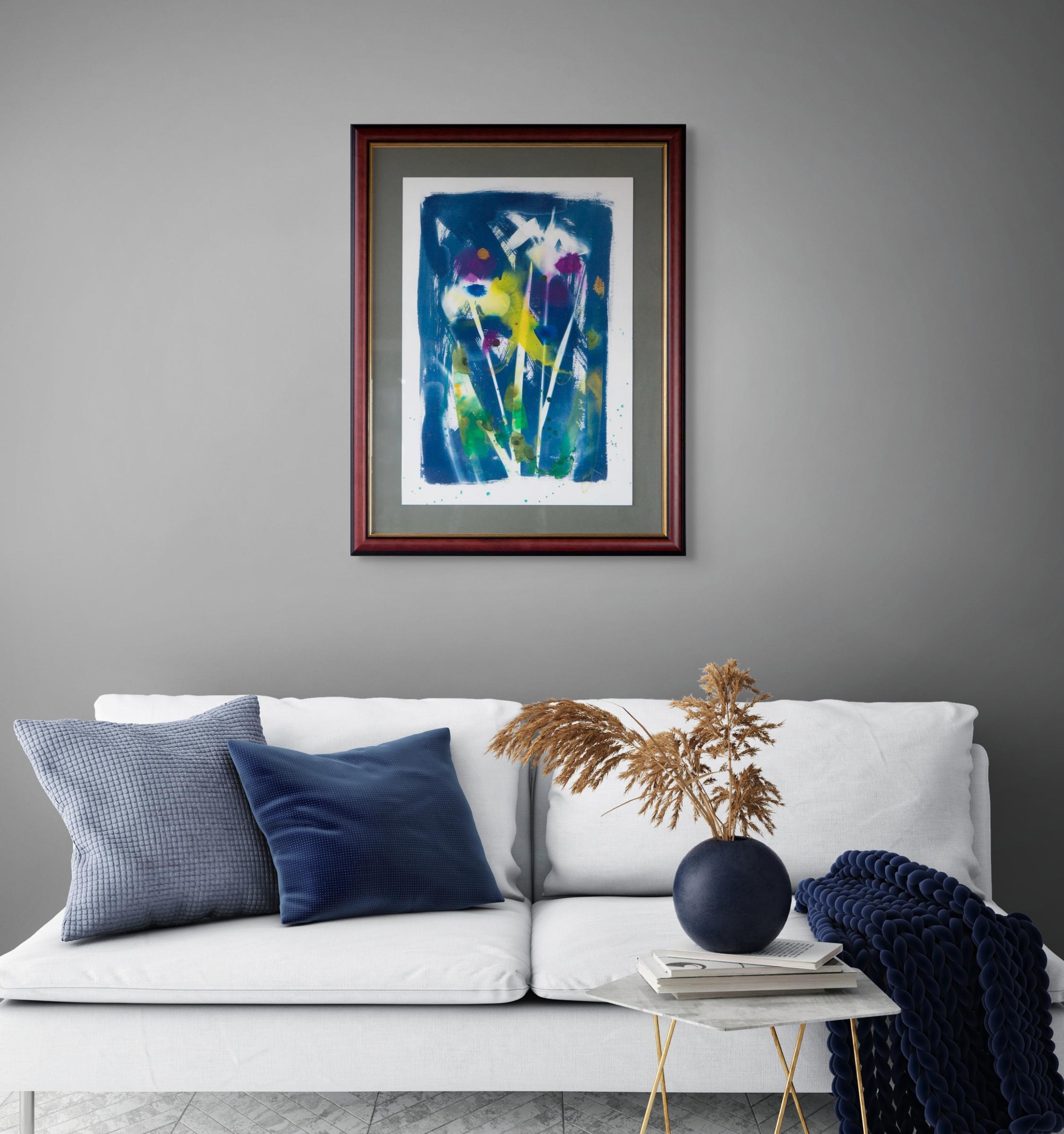 'Louisiana Irises.' blue white yellow green tropical nature flower abstract - Blue Abstract Painting by Sophia Milligan