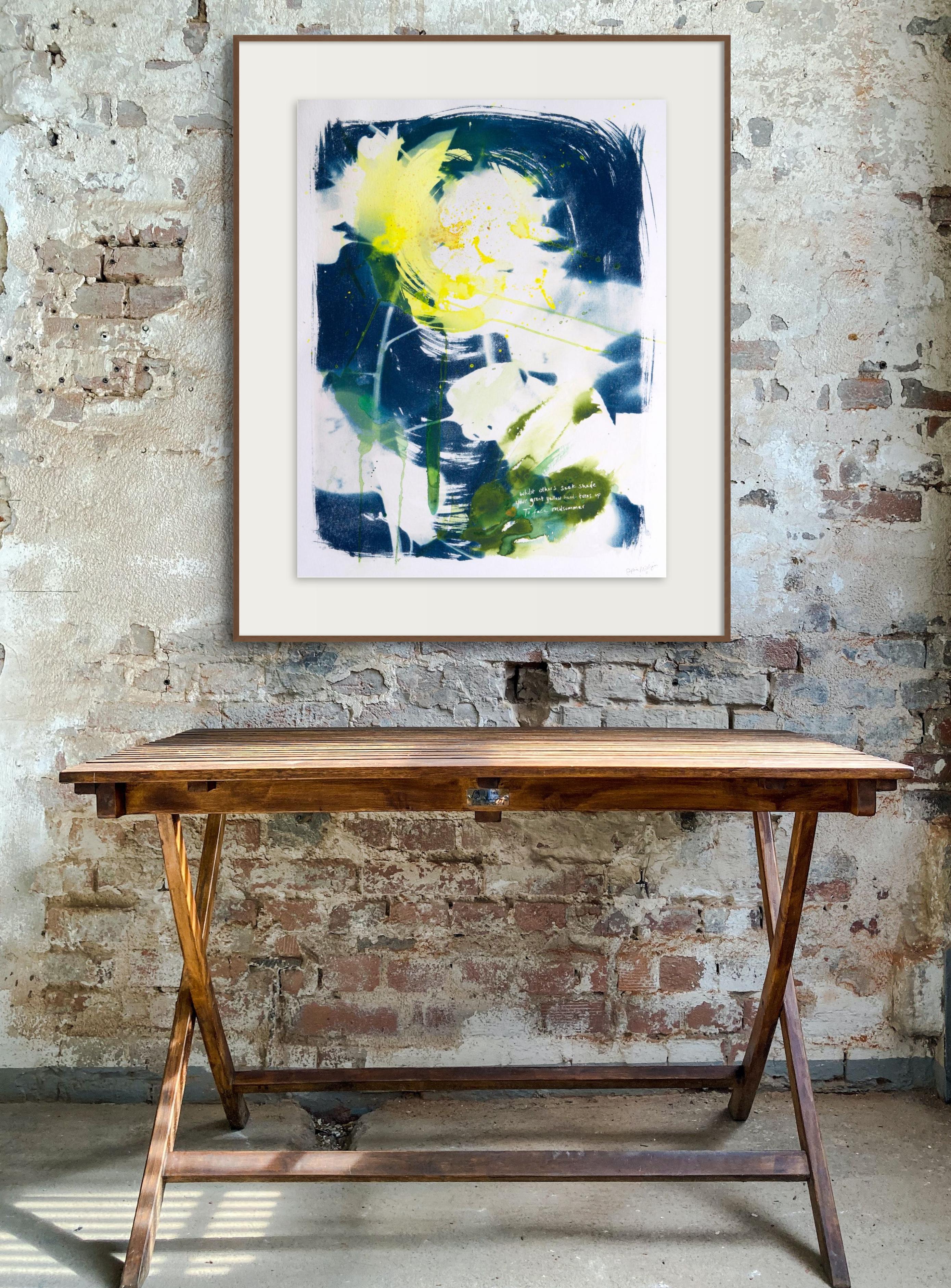 'Midsummer's Noon'. Blue contemporary nature sunflower abstract painting framed For Sale 2