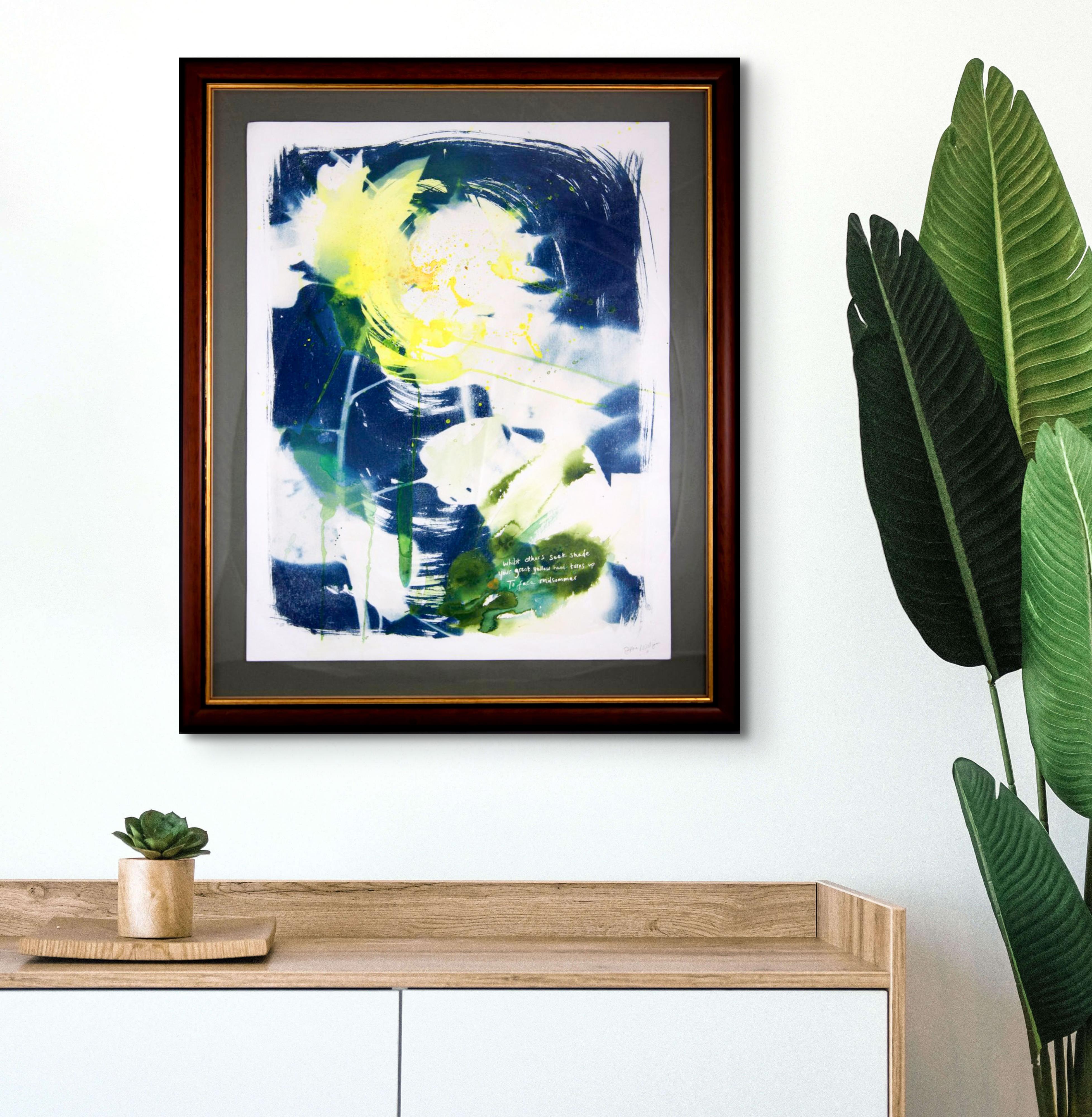 'Midsummer's Noon'. Blue contemporary nature sunflower abstract painting framed - Painting by Sophia Milligan