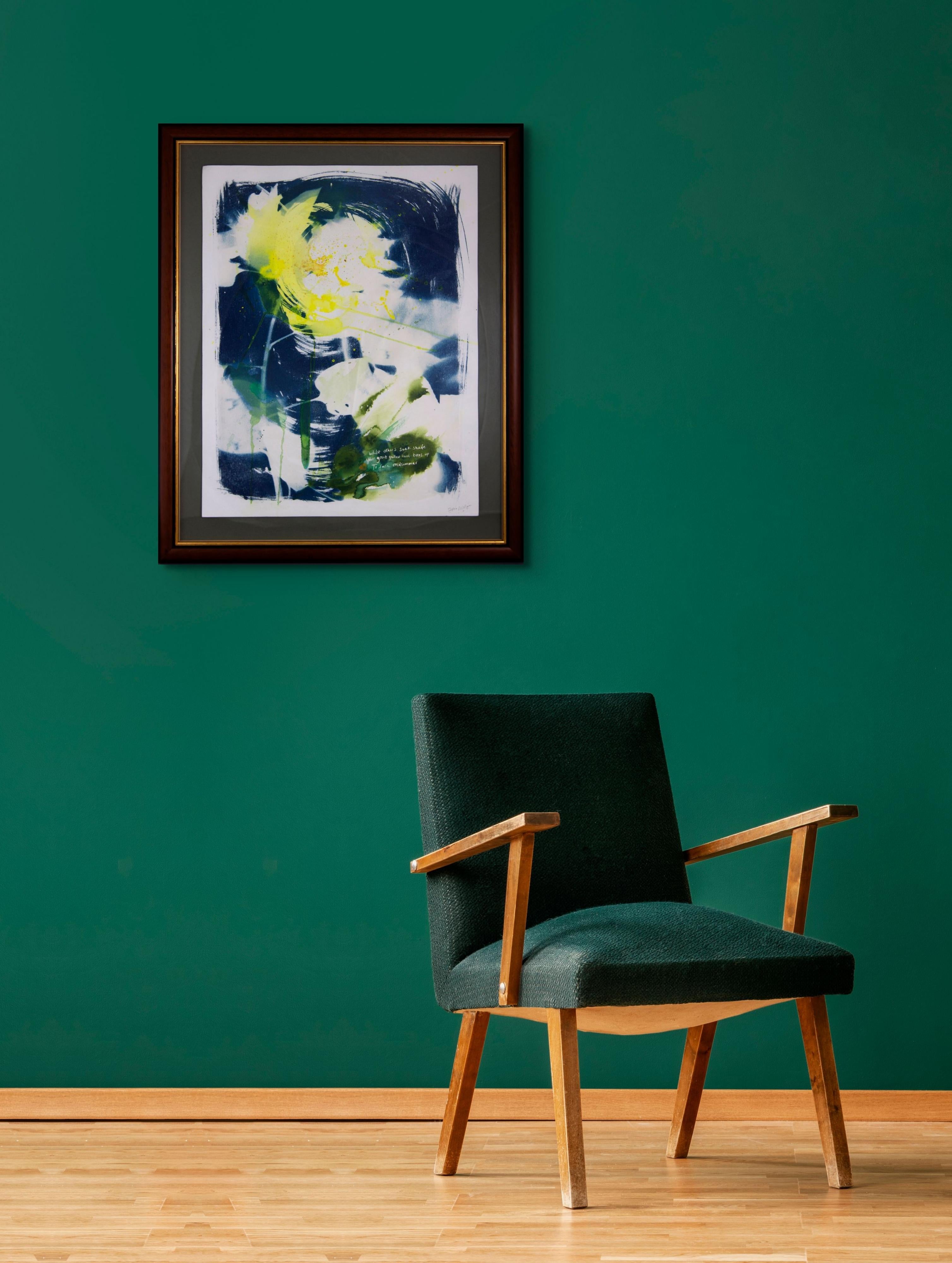 'Mezzogiorno di mezza estate'. Quadro astratto di natura contemporanea blu con girasole incorniciato 4