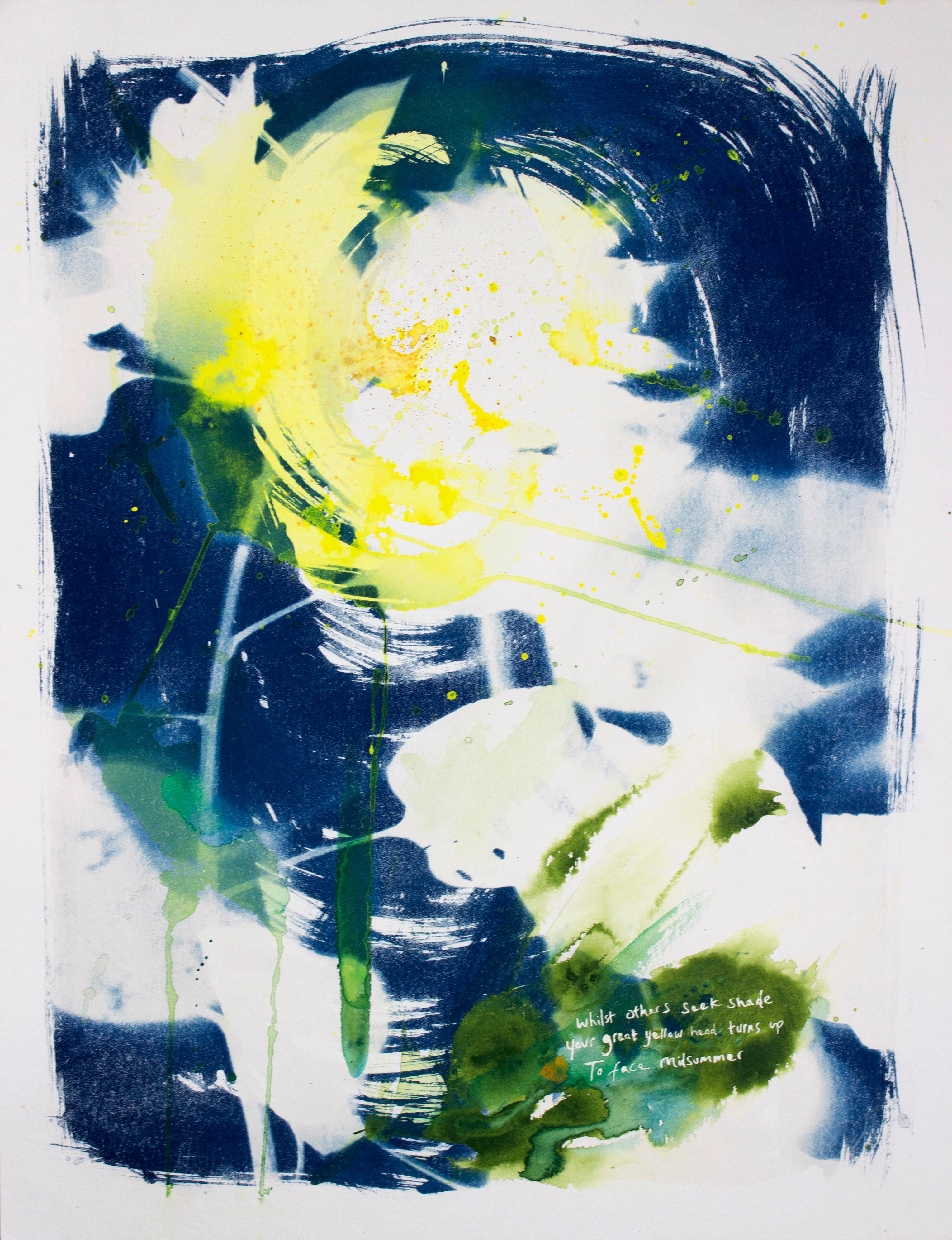 Abstract Painting Sophia Milligan - "Midsummer's Noon". Peinture abstraite encadrée - Nature bleue contemporaine - Tournesol