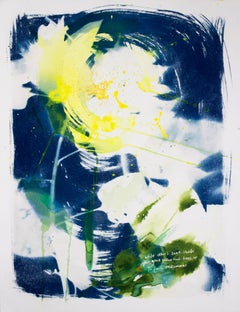 'Mezzogiorno di mezza estate'. Quadro astratto di natura contemporanea blu con girasole incorniciato