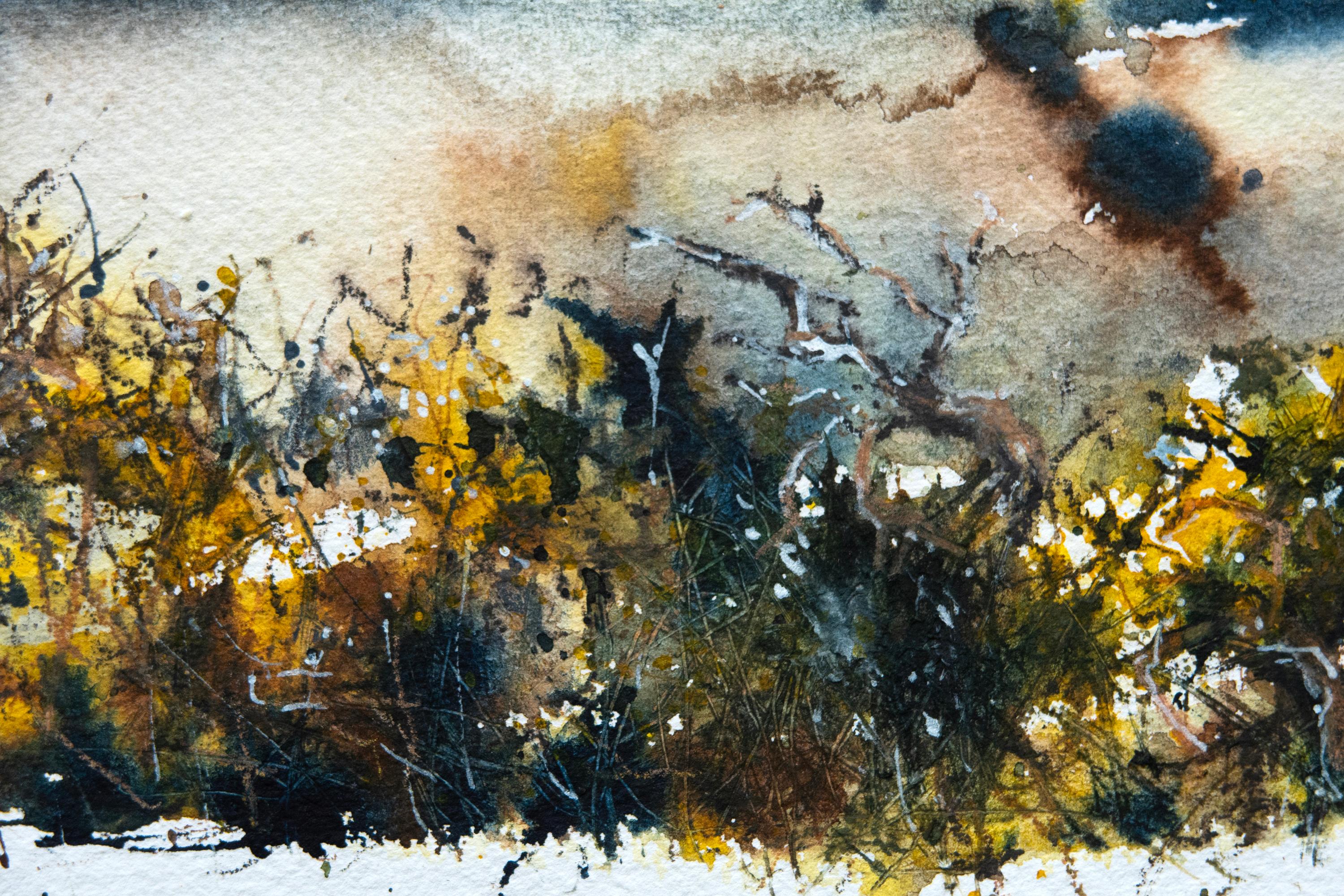 'Mys Genver Owr'. Contemporary Mixed Media Landscape, Cornwall, Yellow Gold Blue - Gray Landscape Art by Sophia Milligan