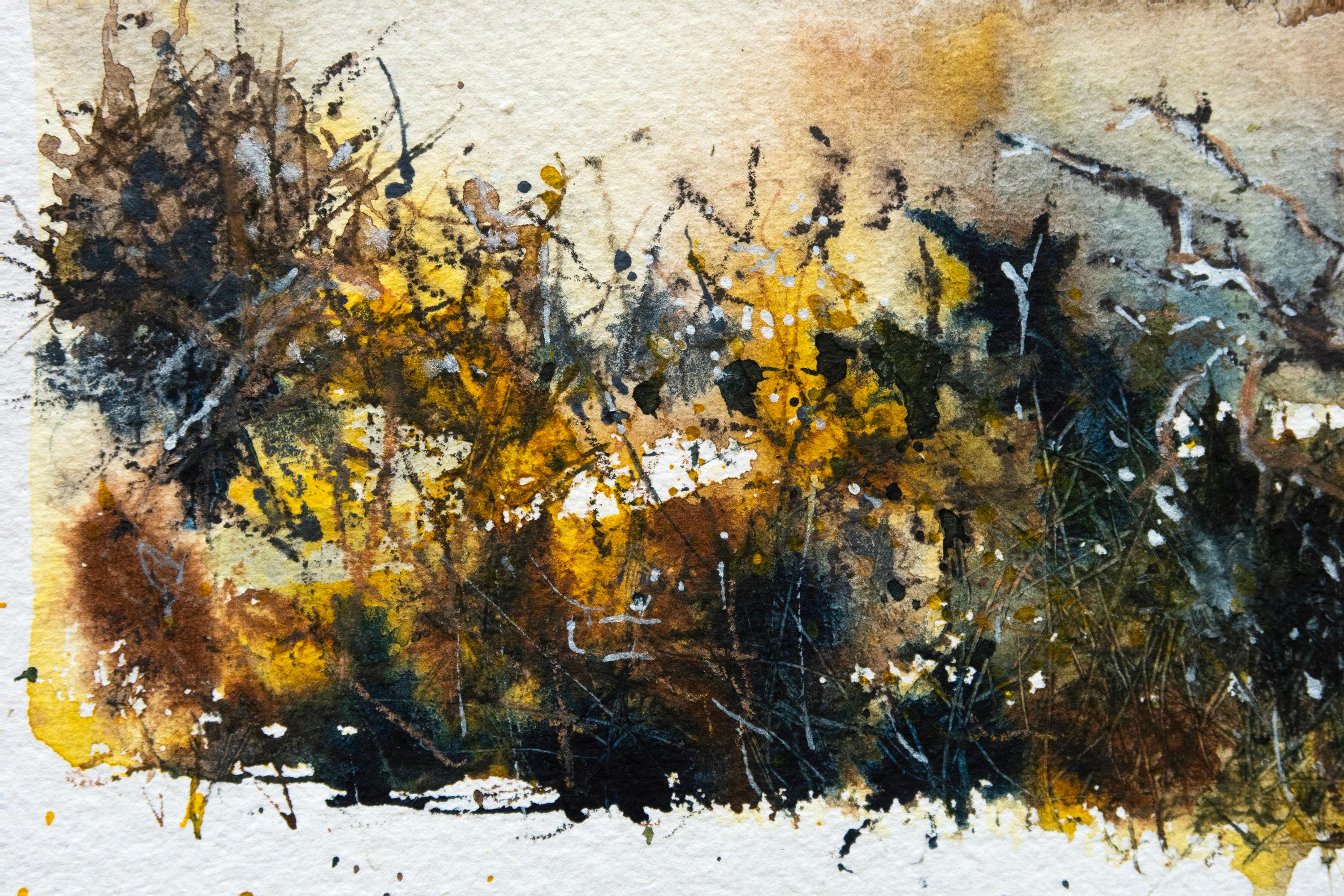 'Mys Genver Owr'. Contemporary Mixed Media Landscape, Cornwall, Yellow Gold Blue 1