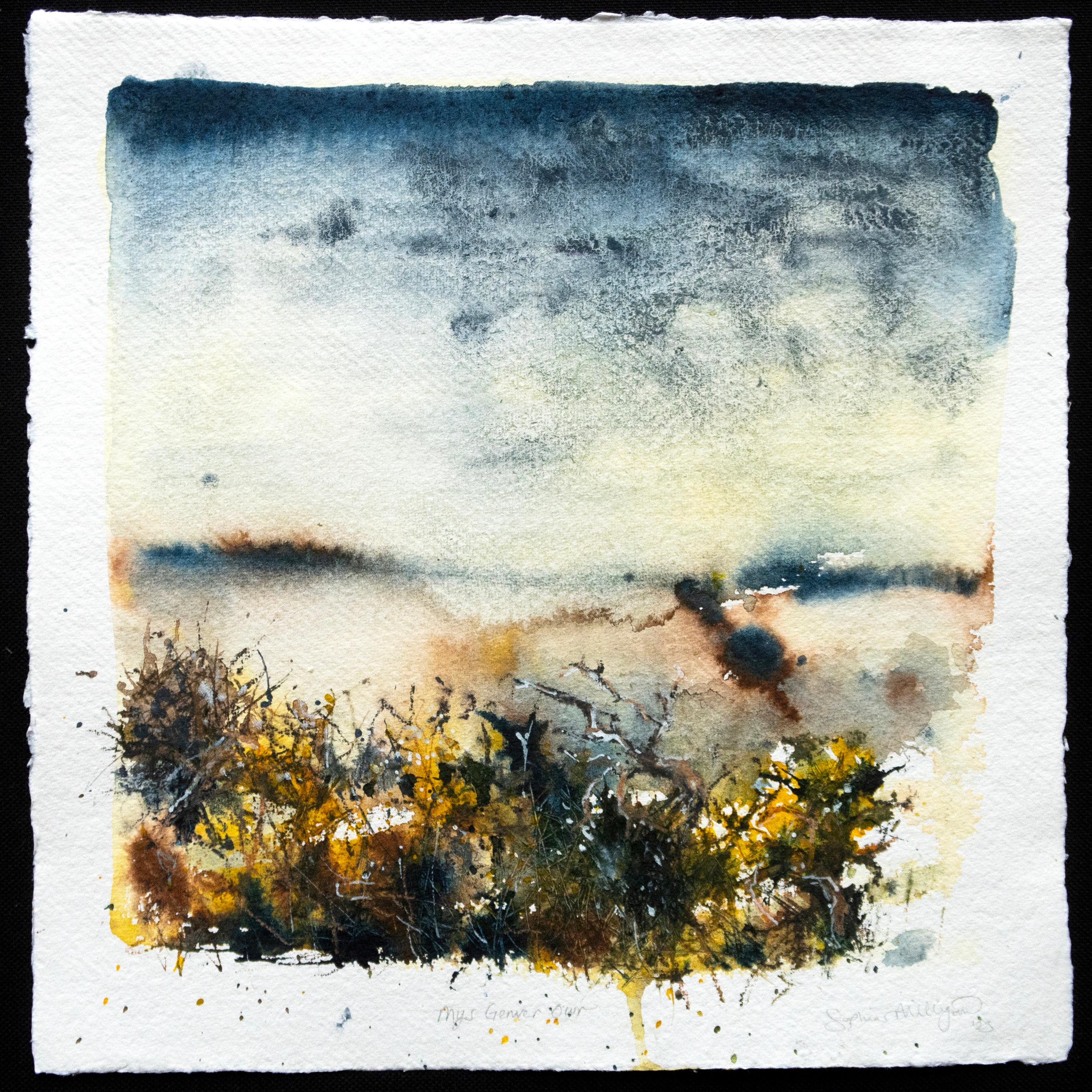 Sophia Milligan Landscape Art - 'Mys Genver Owr'. Contemporary Mixed Media Landscape, Cornwall, Yellow Gold Blue