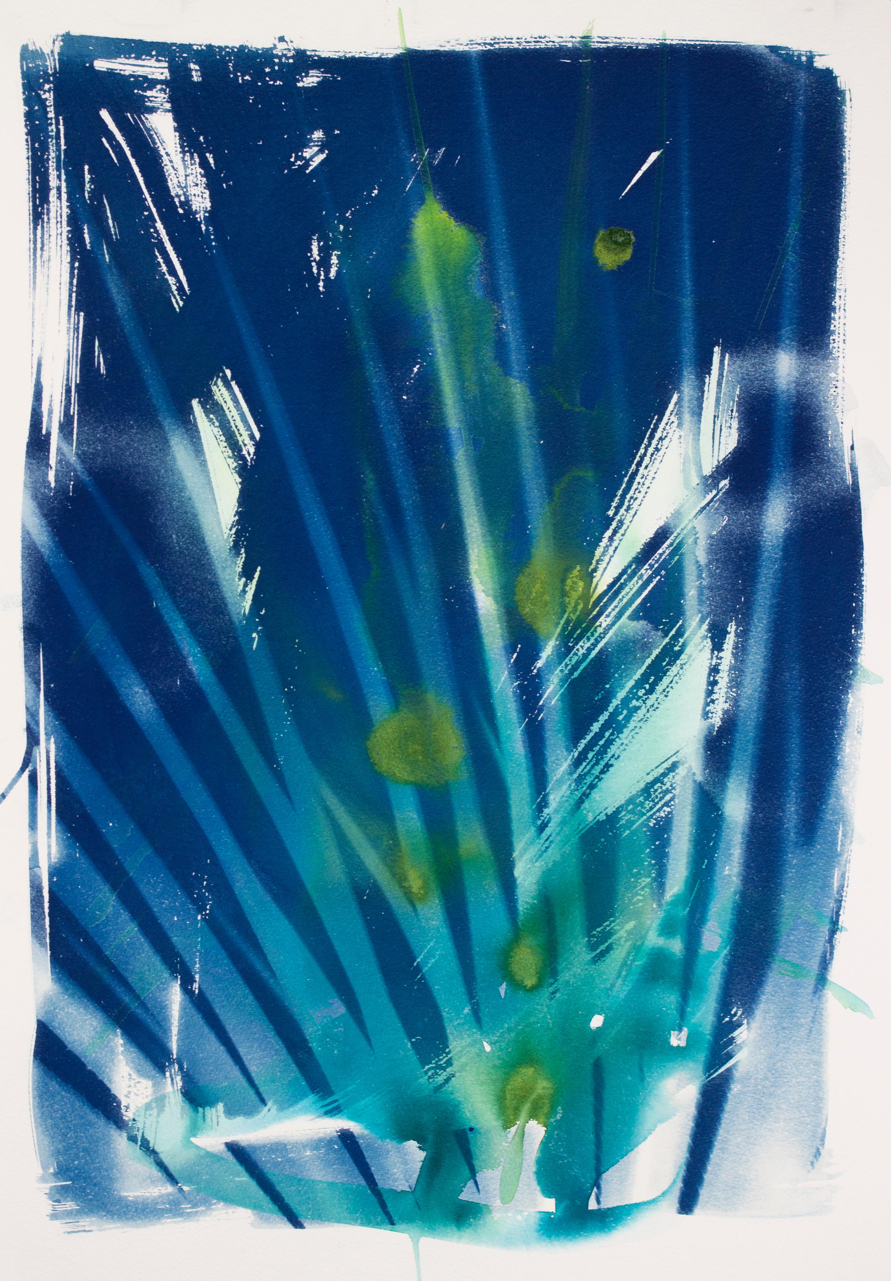 Sophia Milligan Abstract Drawing - 'Piercing Shafts'. Botanical nature tropical green blue leaf sky abstract