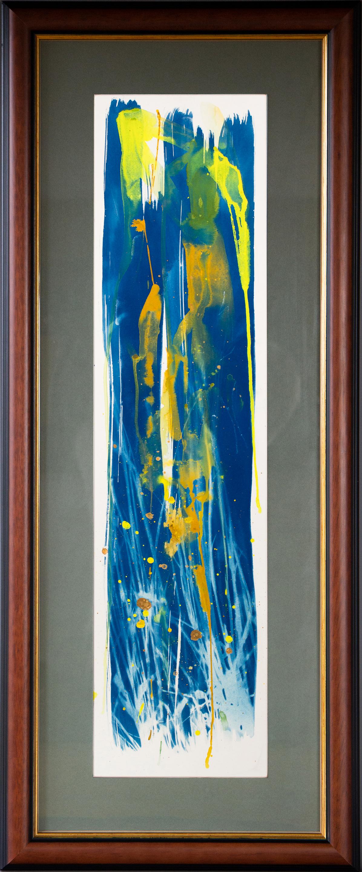 « Pollen and Swallows ». Peinture sur panneau de technique mixte, encadrée - Bleu Abstract Painting par Sophia Milligan