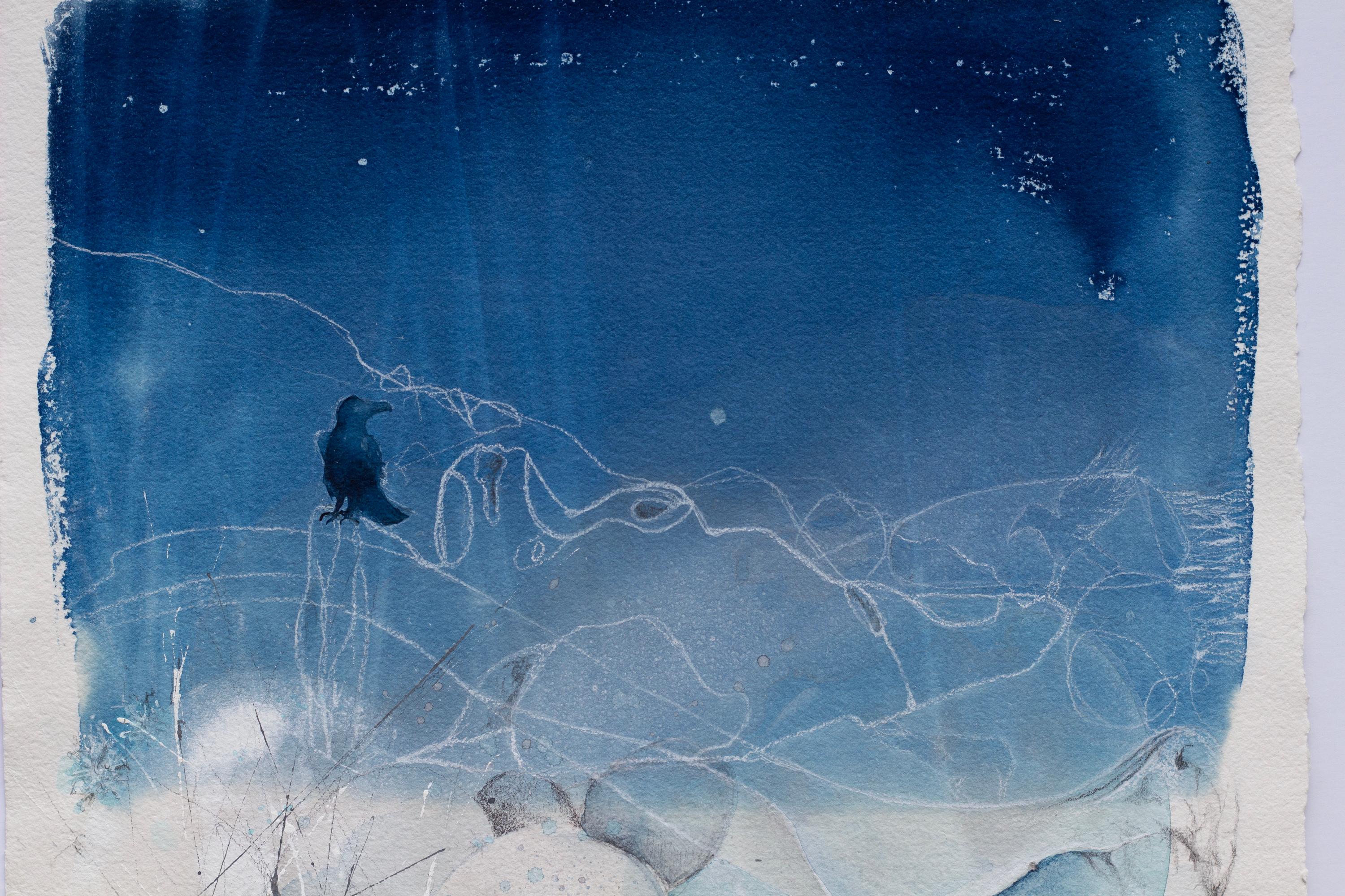 'Raven's Feast'. Ocean Shore Beach Landscape Contemporary Surrealist blue white  For Sale 2