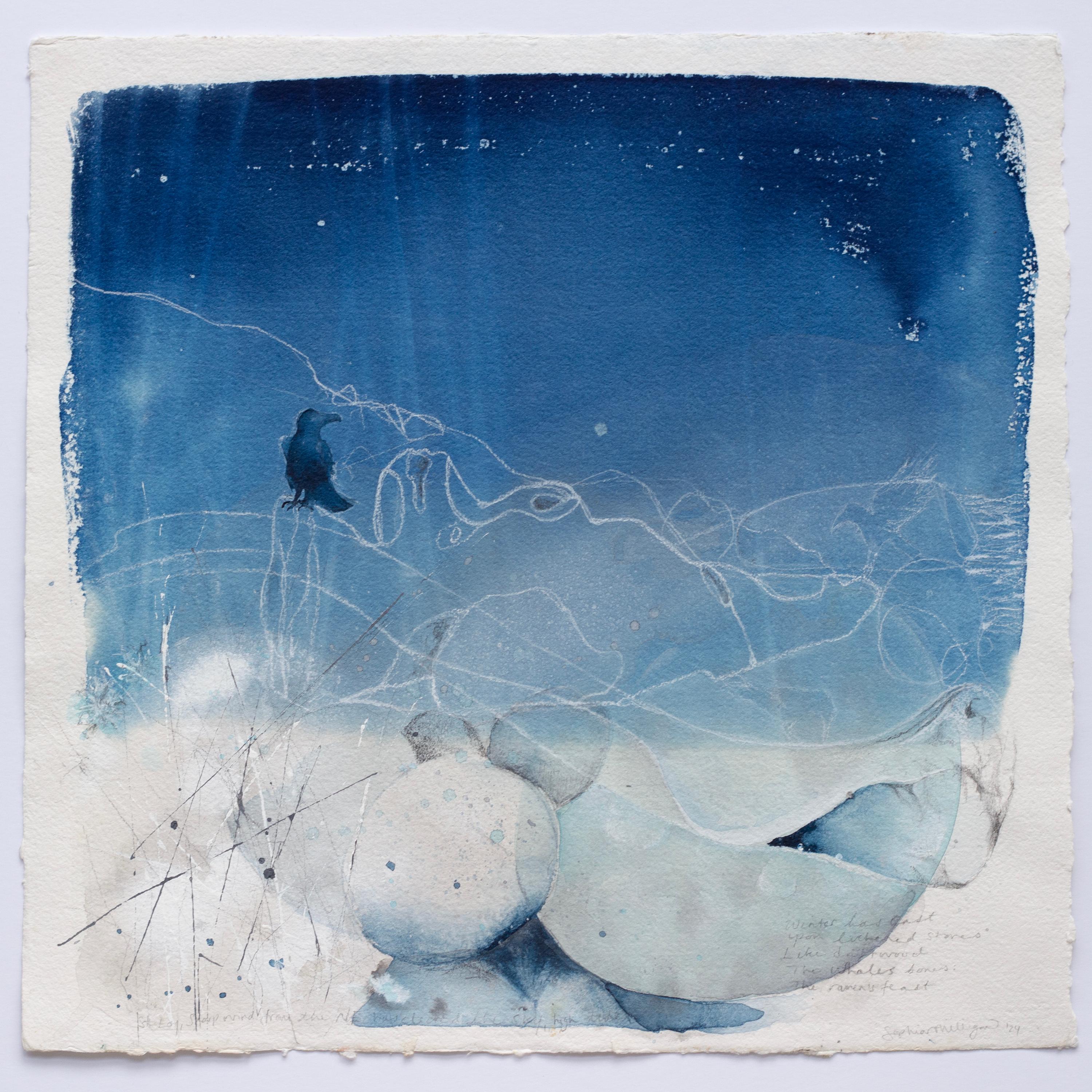 Das Fest des Raben". Ocean Shore Beach Landschaft Contemporary Surrealist blau weiß  – Art von Sophia Milligan
