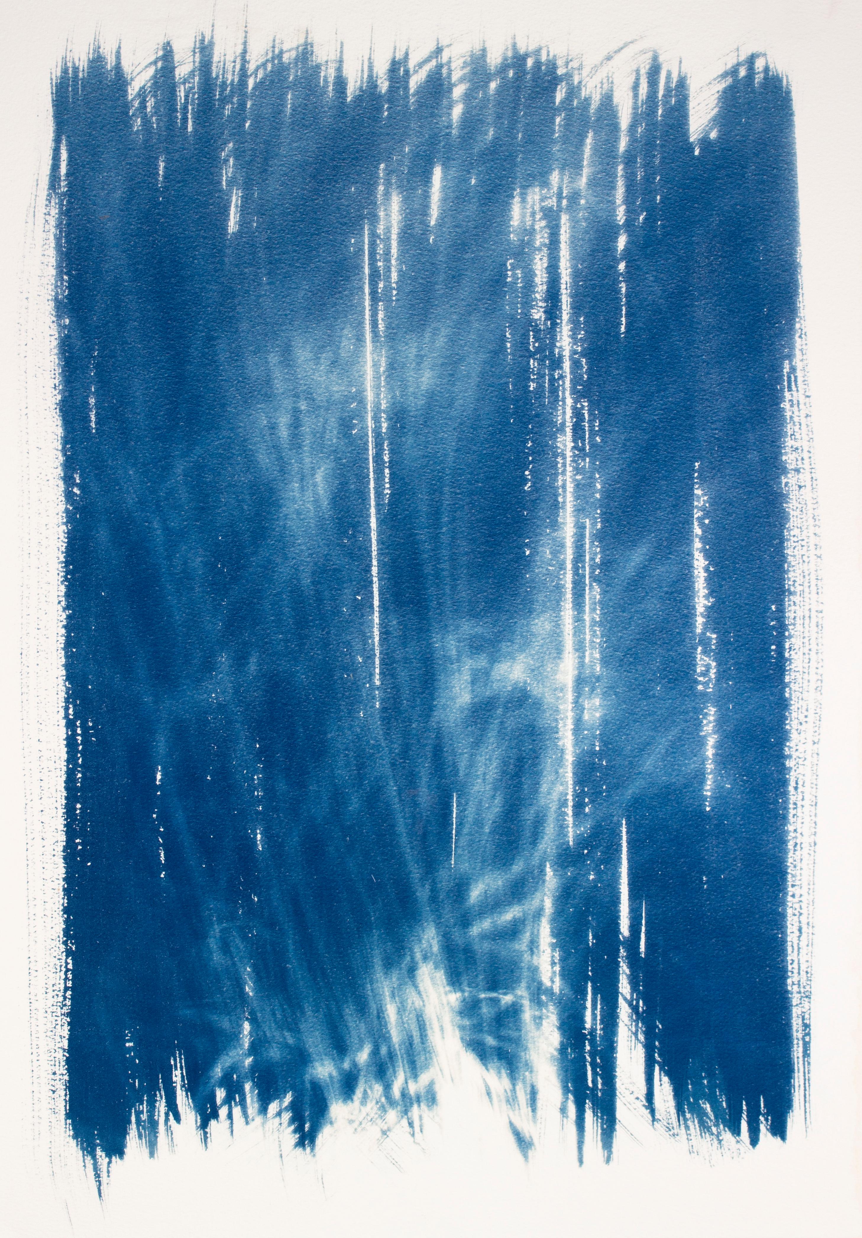 Sophia Milligan Abstract Painting – Rastlos westwärts". Abstrakte Blau-Weiß-Bewegung Minimalistische Reise Natur