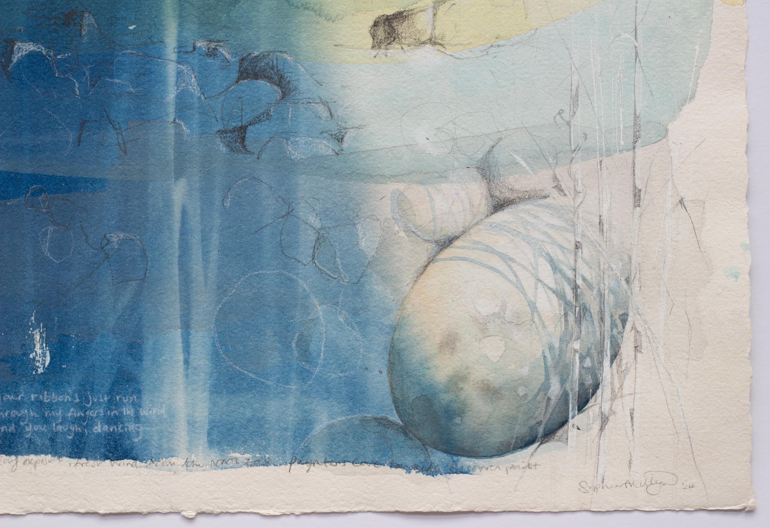 'Ribbons in the Wind'. Ocean Shore Beach Landscape Contemporary blue yellow For Sale 10