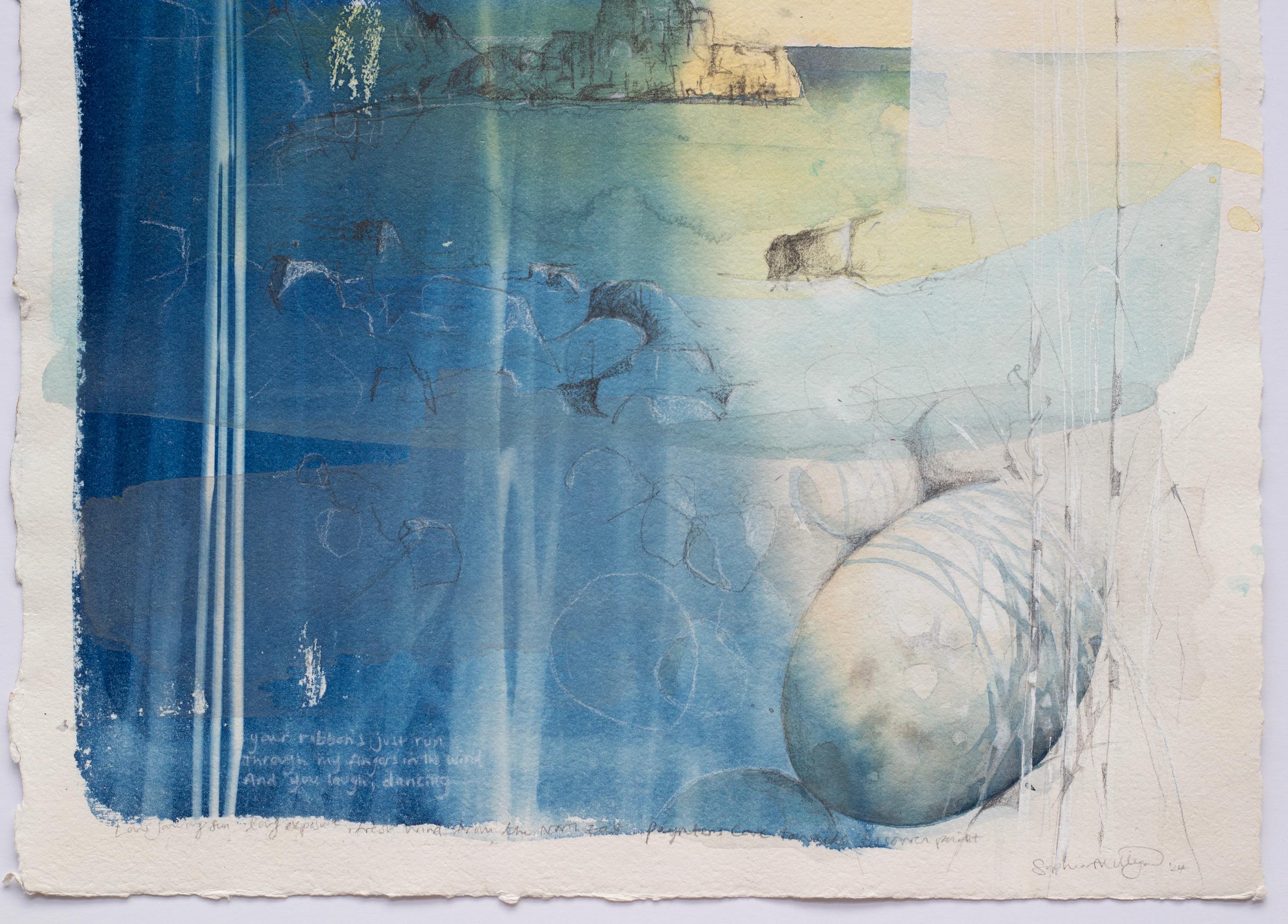 'Ribbons in the Wind'. Ocean Shore Beach Landscape Contemporary blue yellow For Sale 1