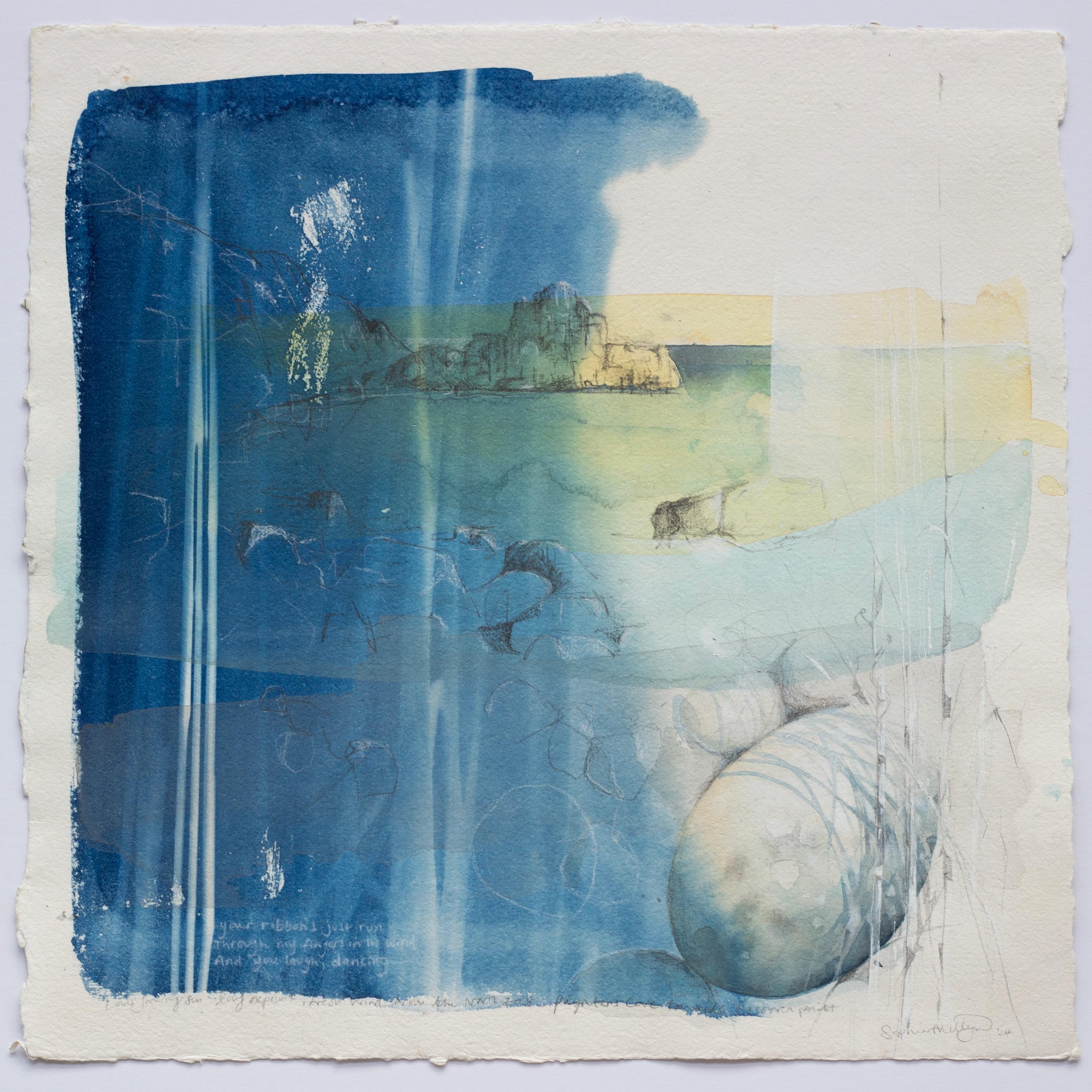 Des rubans dans le vent". Ocean Shore Beach Landscape Contemporain bleu jaune 