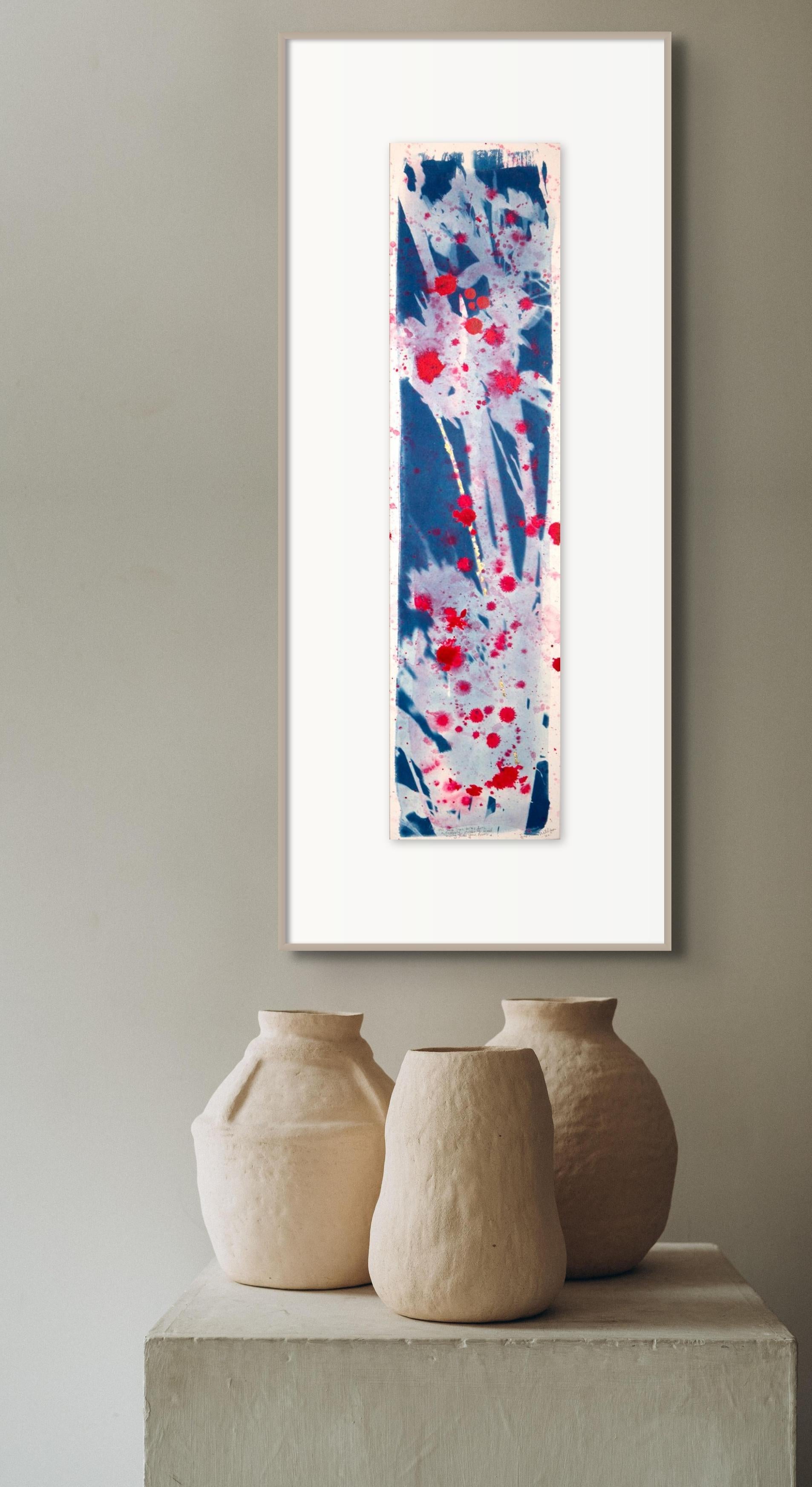 'Rising from your roots' Abstract sakura cherry blossom nature blue crimson gold - Painting by Sophia Milligan