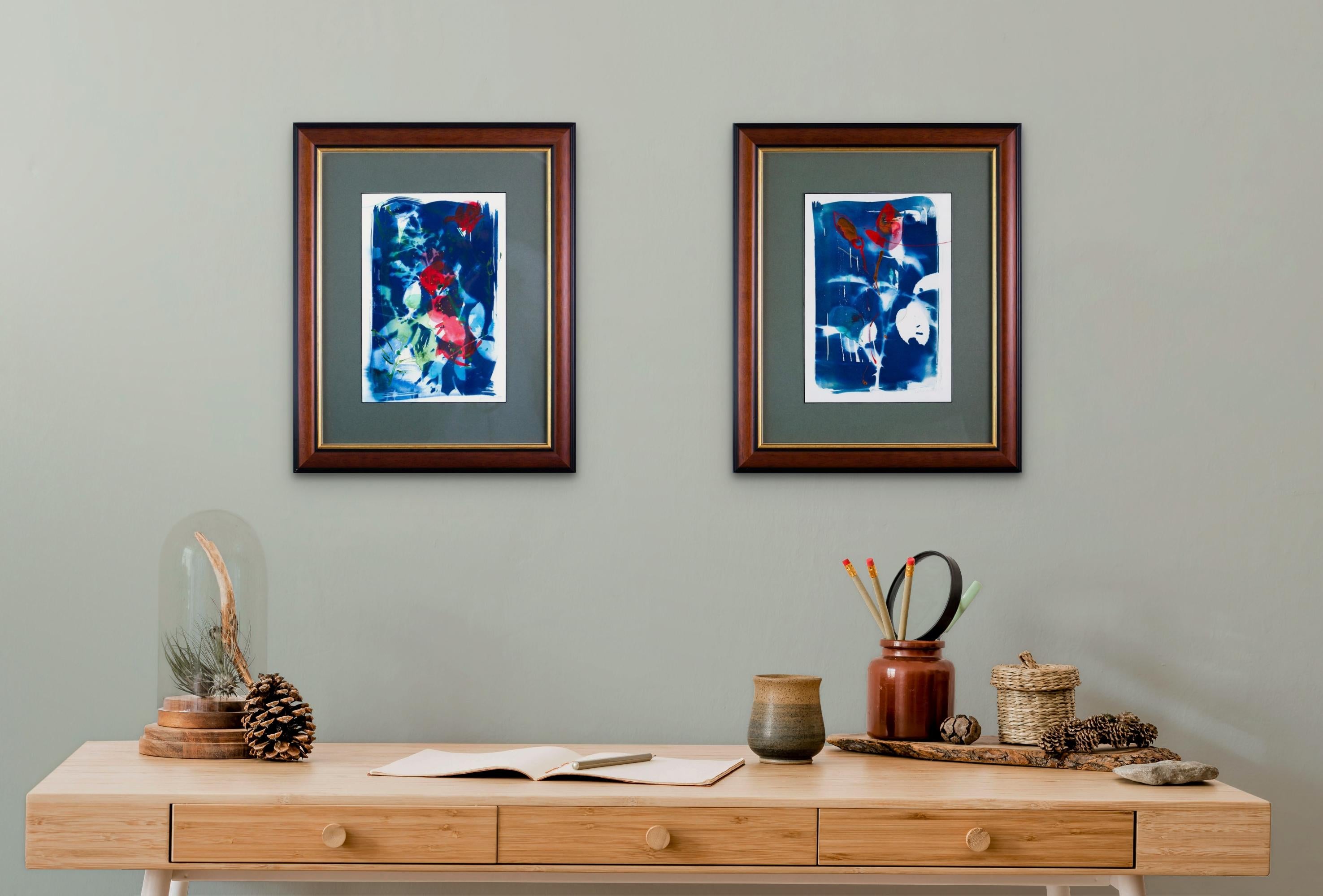'Silk and Blood'. Red Roses. Blue, white, green contemporary painting. Framed For Sale 3