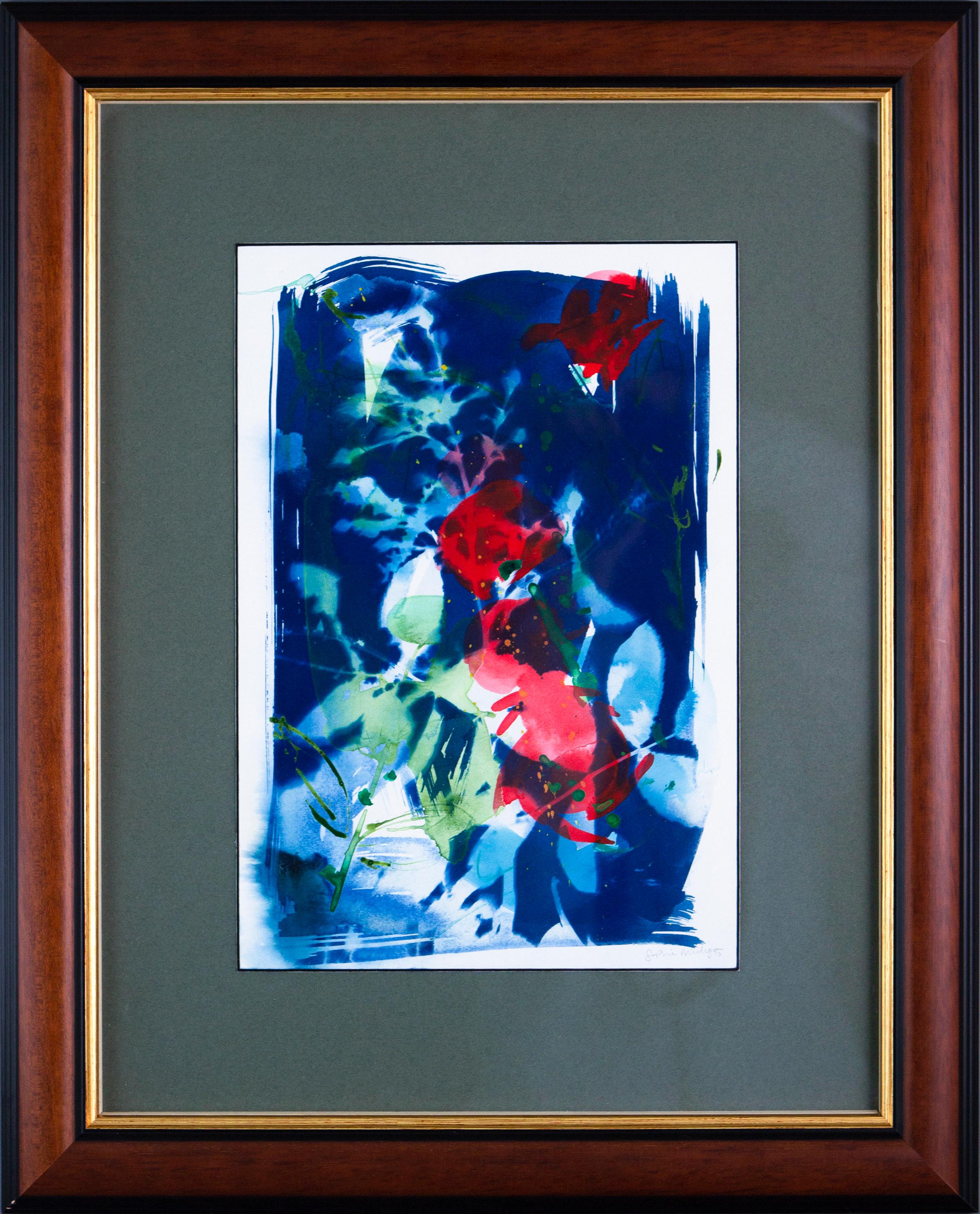 'Silk and Blood'. Red Roses. Blue, white, green contemporary painting. Framed - Contemporary Painting by Sophia Milligan