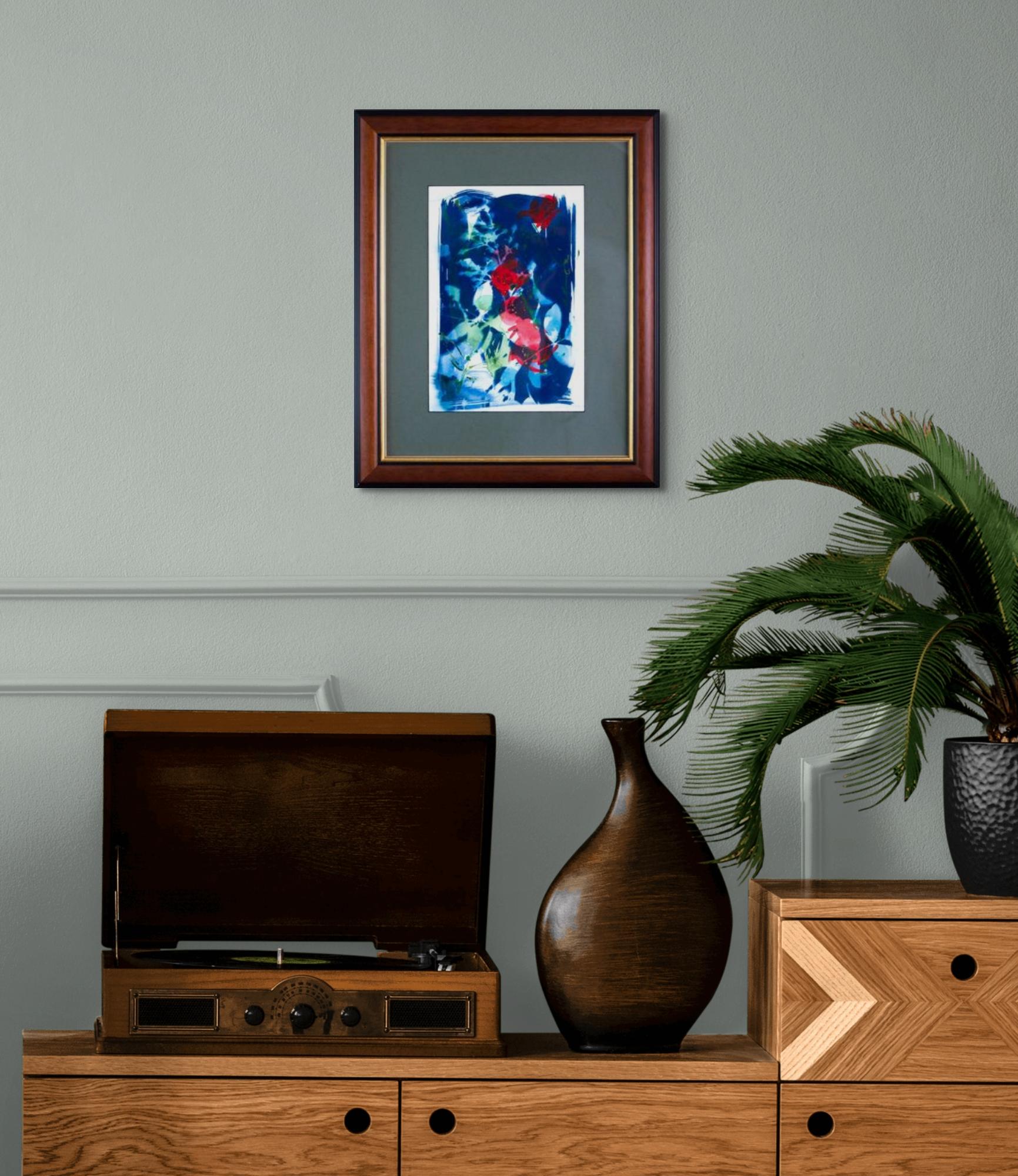 'Silk and Blood'. Red Roses. Blue, white, green contemporary painting. Framed - Painting by Sophia Milligan