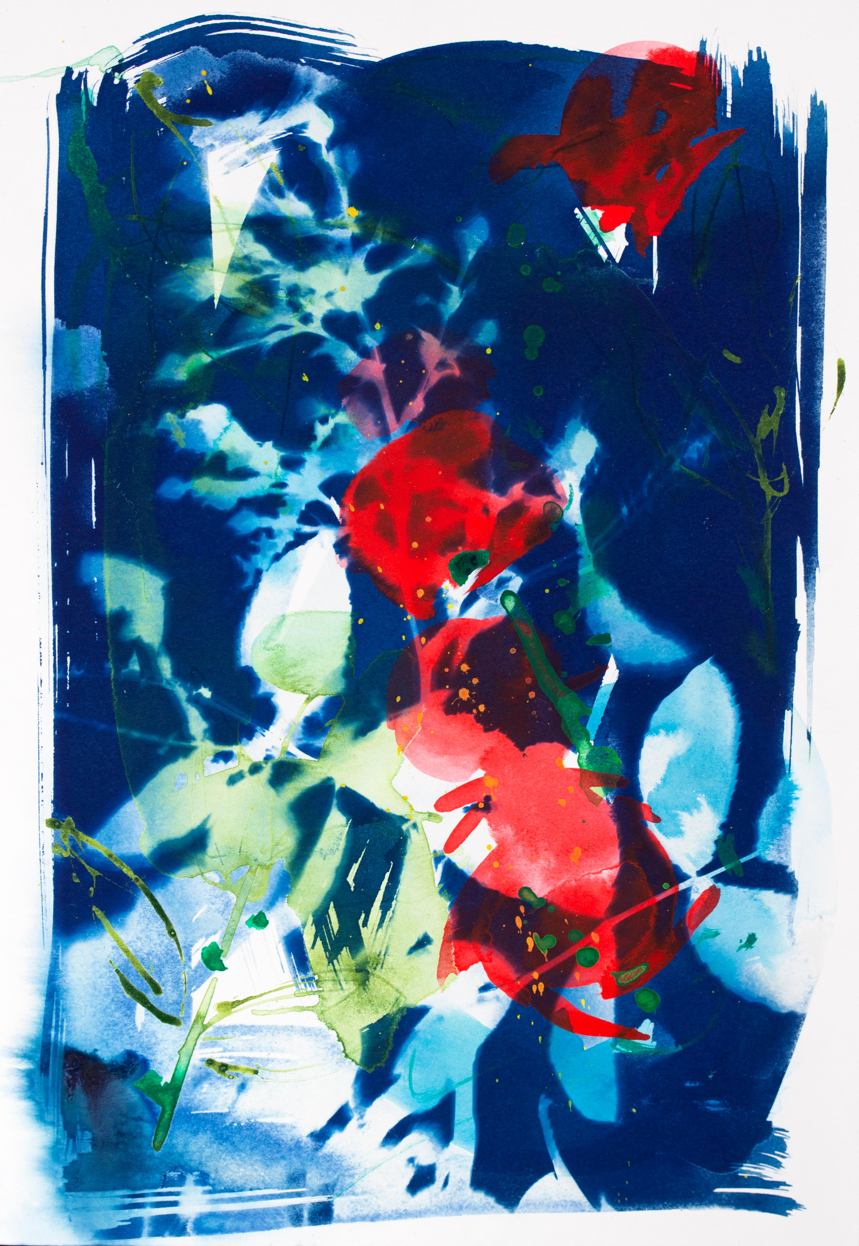''La soie et le sang''. Des roses rouges. Peinture contemporaine bleue, blanche et verte Encadré