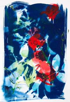 'Silk and Blood'. Red Roses. Blue, white, green contemporary painting. Framed
