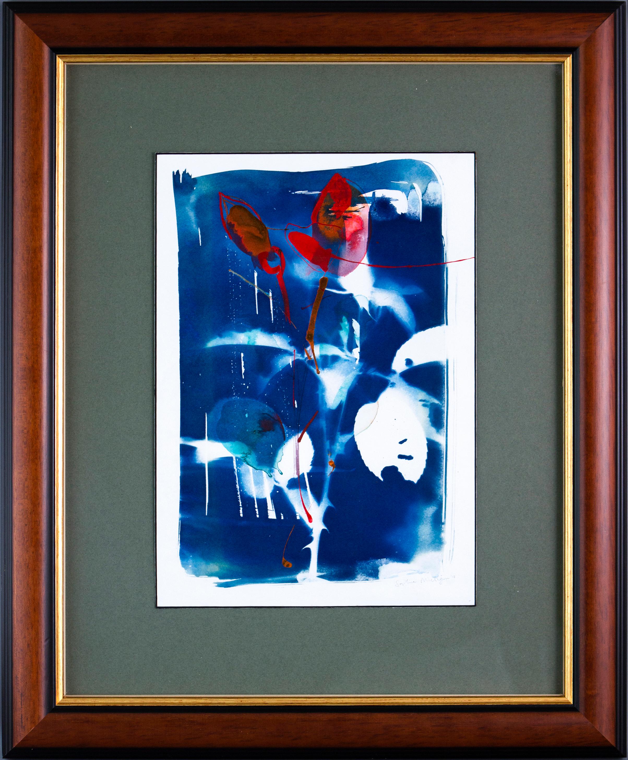 'Silk, Blood and Thorns'. Red Roses. Blue, white contemporary painting framed - Contemporary Painting by Sophia Milligan