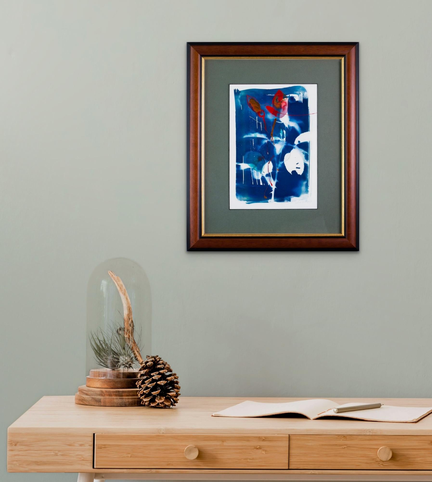 'Silk, Blood and Thorns'. Red Roses. Blue, white contemporary painting framed - Painting by Sophia Milligan