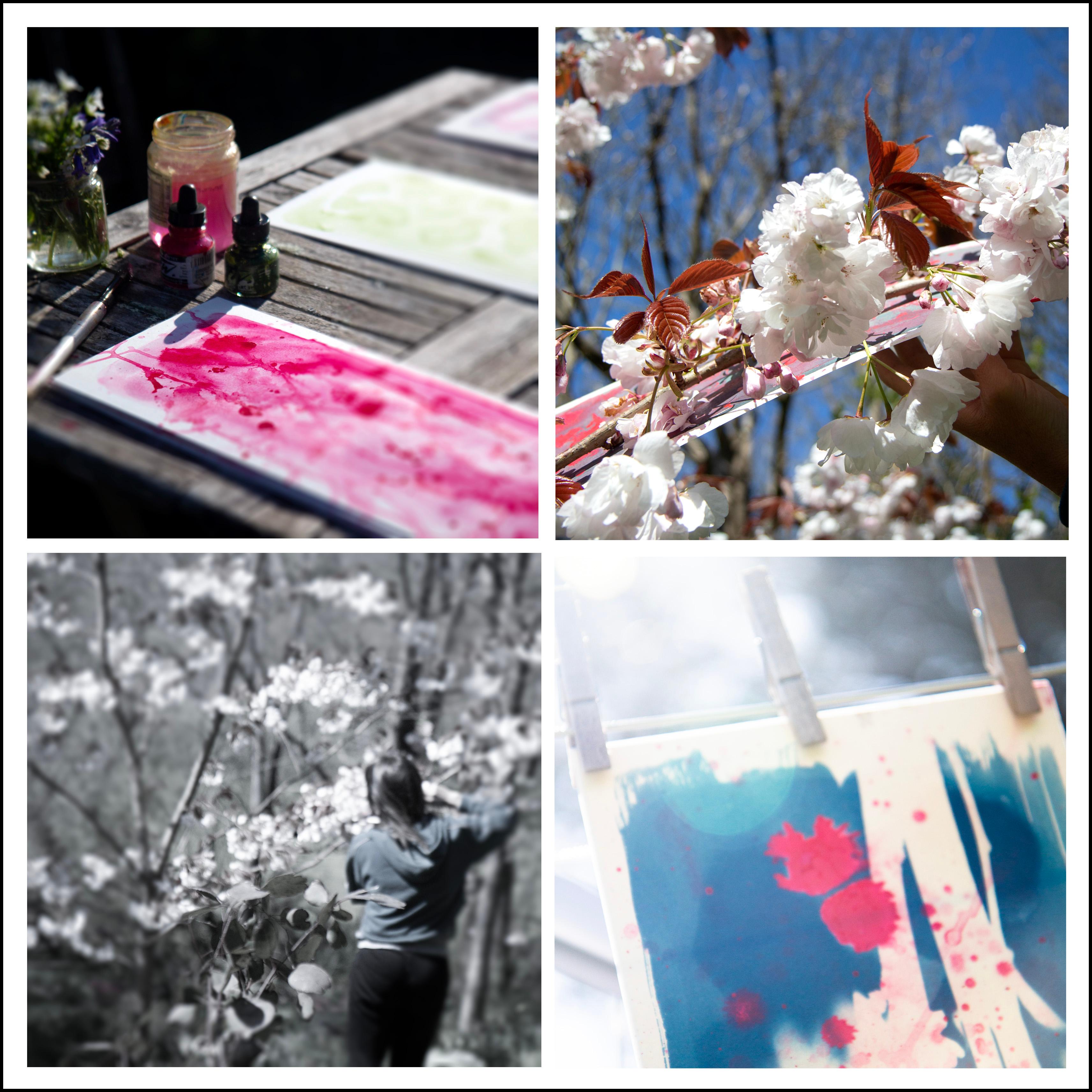 Abstrakte botanische Sakura-Blumenblumen „The Cherry Blushes“ in Blau, Weiß und Rosa (Zeitgenössisch), Painting, von Sophia Milligan