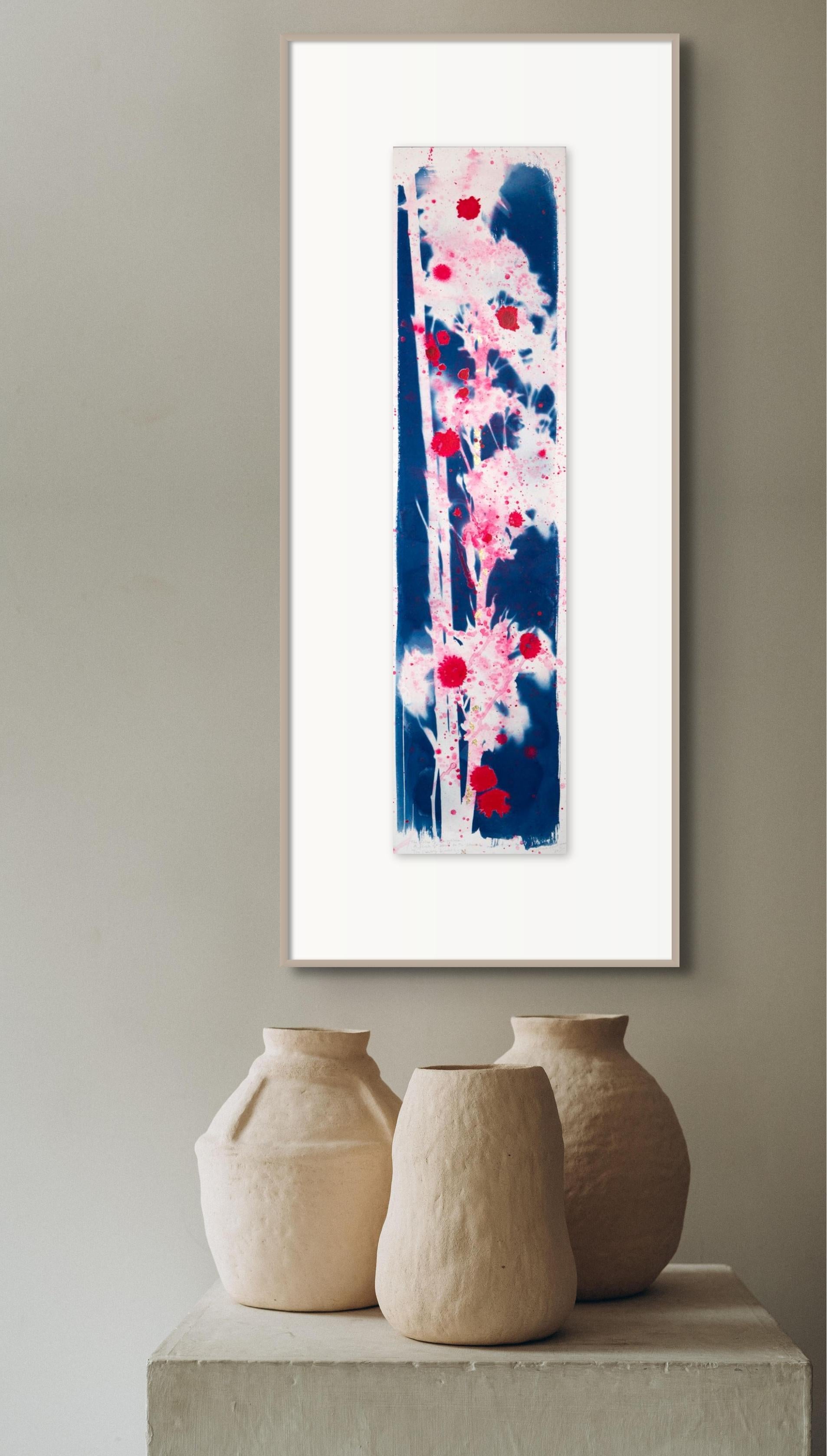 'The Cherry Blushes' Abstract botanical sakura natural blue white pink floral - Painting by Sophia Milligan