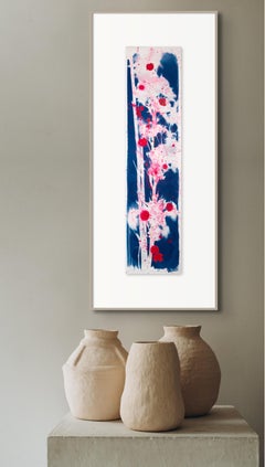 « The Cherry Blushes », sakura, fleur botanique abstraite bleu, blanc et rose