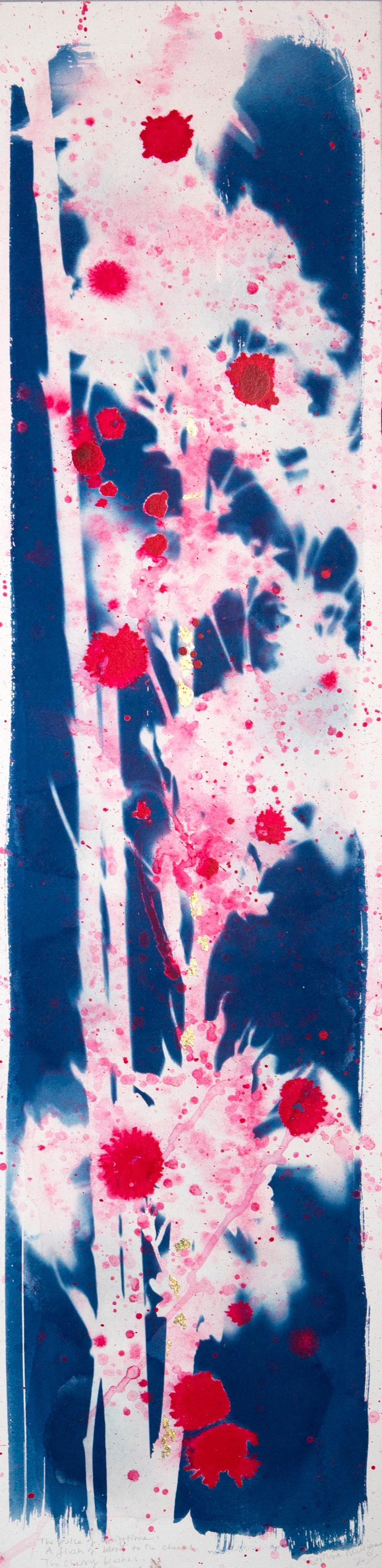 Abstrakte botanische Sakura-Blumenblumen „The Cherry Blushes“ in Blau, Weiß und Rosa